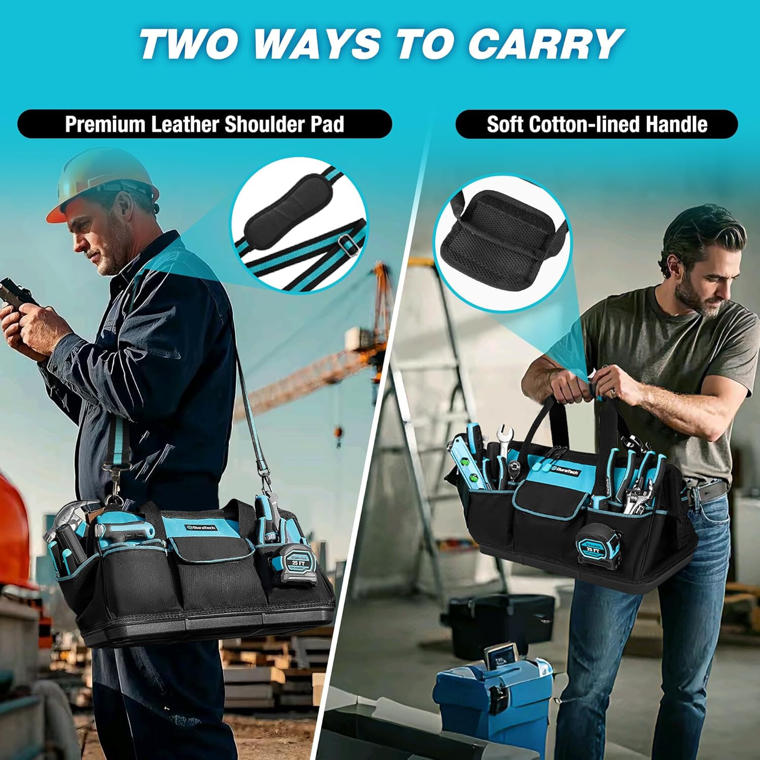DURATECH 18-Inch Large Tool Bag w/Waterproof Hard Bottom Heavy Duty w/19 Pockets