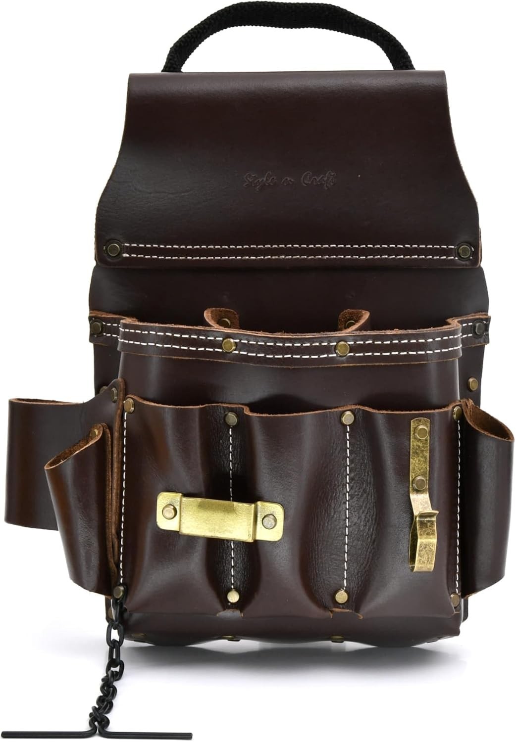 Durable Full-Grain Leather Tool Pouch with 10 Pockets for Electricians, Dark Tan