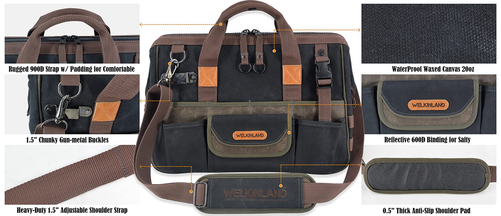 WELKINLAND 32-Pockets Waxed Canvas tool bag Heavy-Duty Electrician tools bag