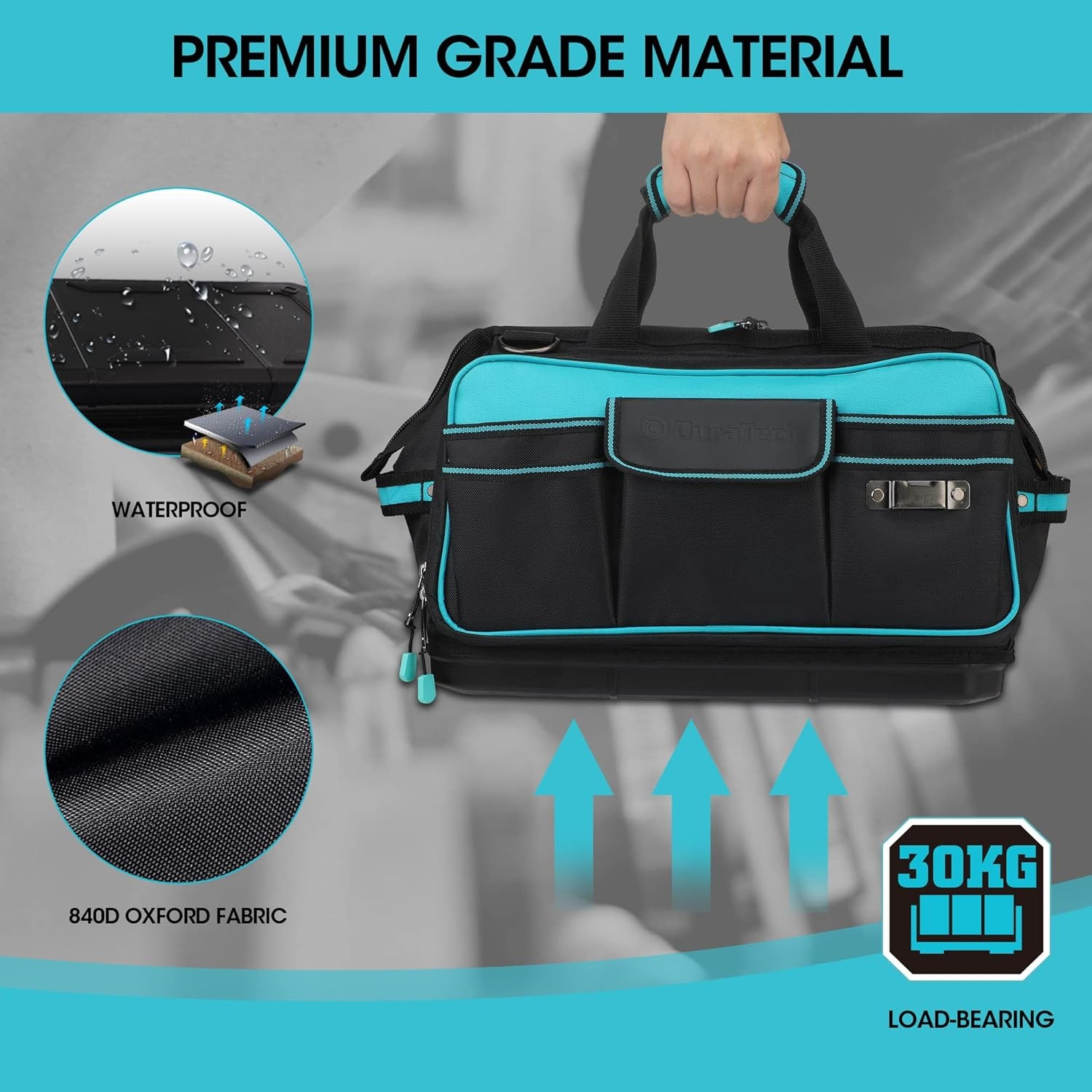 DURATECH 17″ Wide Mouth Tool Bag, Large Storage 32 Pocket Blue, Black