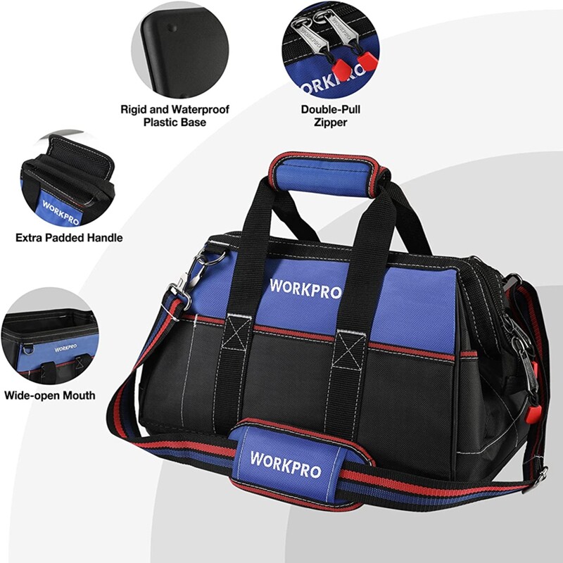 WORKPRO 16-inch Heavy Duty Wide Mouth Tool Bag Tool Storage Bag w/Shoulder Strap