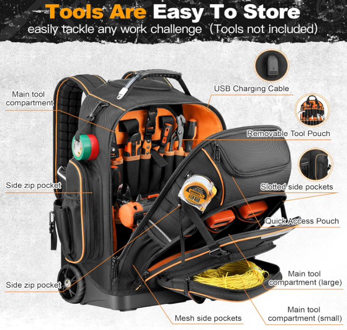 Rolling Tool Backpack Bag with Wheels, Heavy Duty Tool Bag on Wheels