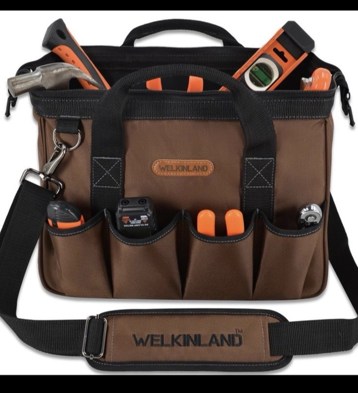 Welkinland Brown 17-Pockets Tool Bag 14″ Portable Heavy Duty with Shoulder Strap
