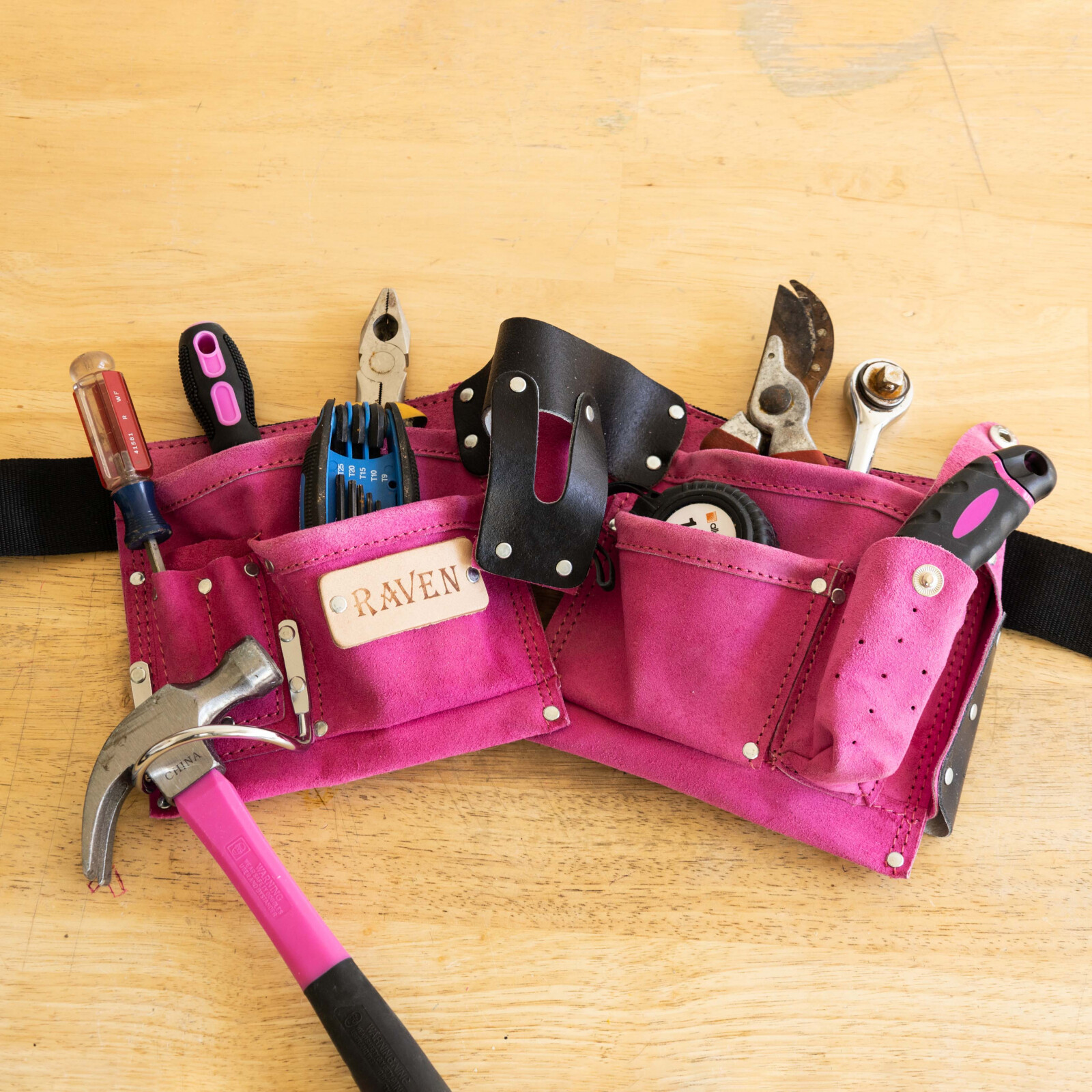 9 Pocket Tool Belt Pouch Heavy Duty Pink Suede Leather Fits Hammer And Nails