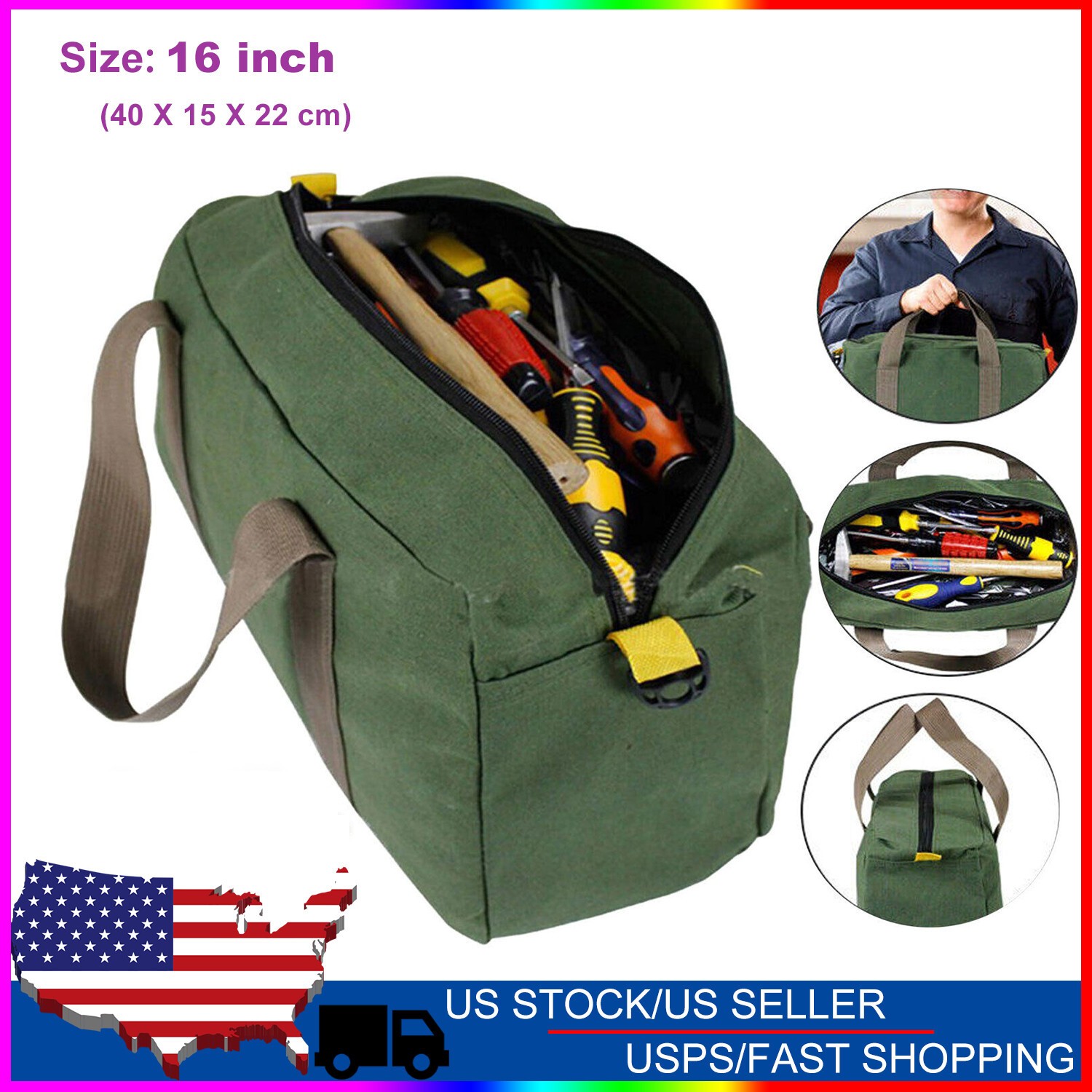 16» HEAVY DUTY GREEN MILITARY STYLE MECHANICS HARD BOTTOM TOOL BAG ZIPPER
