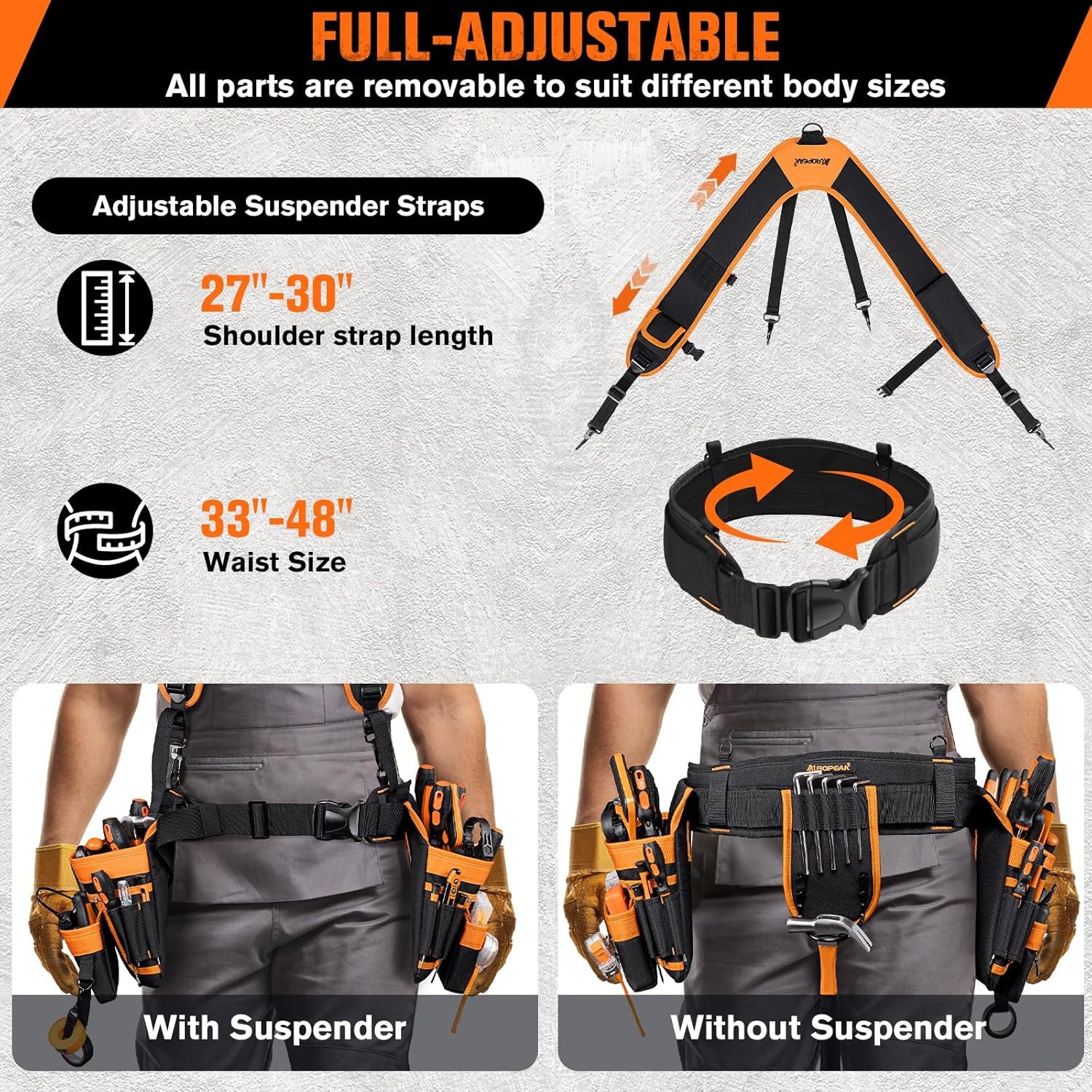 Auropeak 33-Pocket Modular Tool Belt w/ Suspenders (33″-48″ Waist)