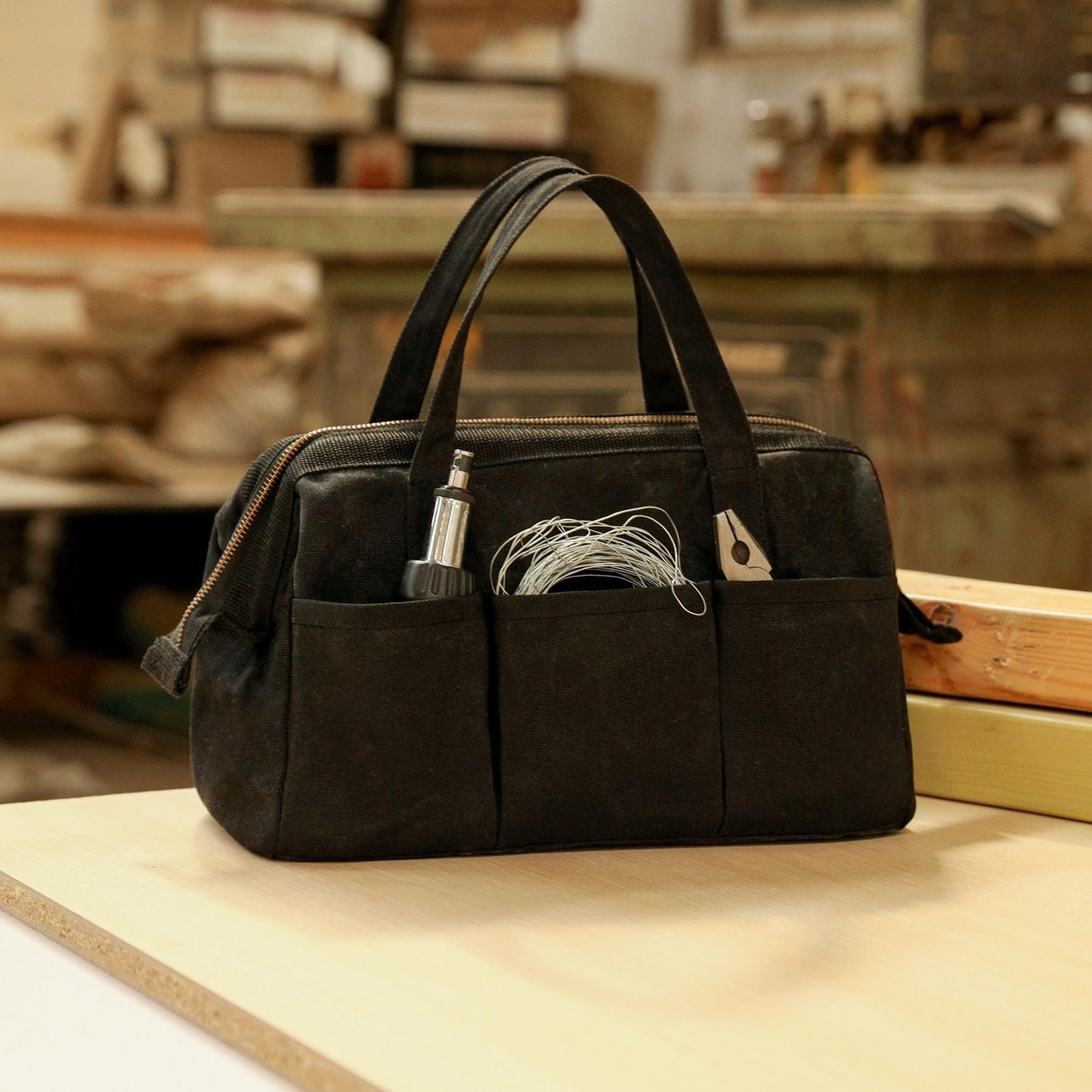 Tool Bag with Zipper, Heavy Duty 16oz Waxed Canvas Wide Mouth Tool Tote Bag, …