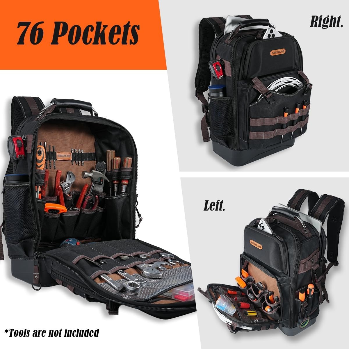 WELKINLAND 76 Pocket Hard Bottom Tool Backpack w/ 16″ Laptop Compartment