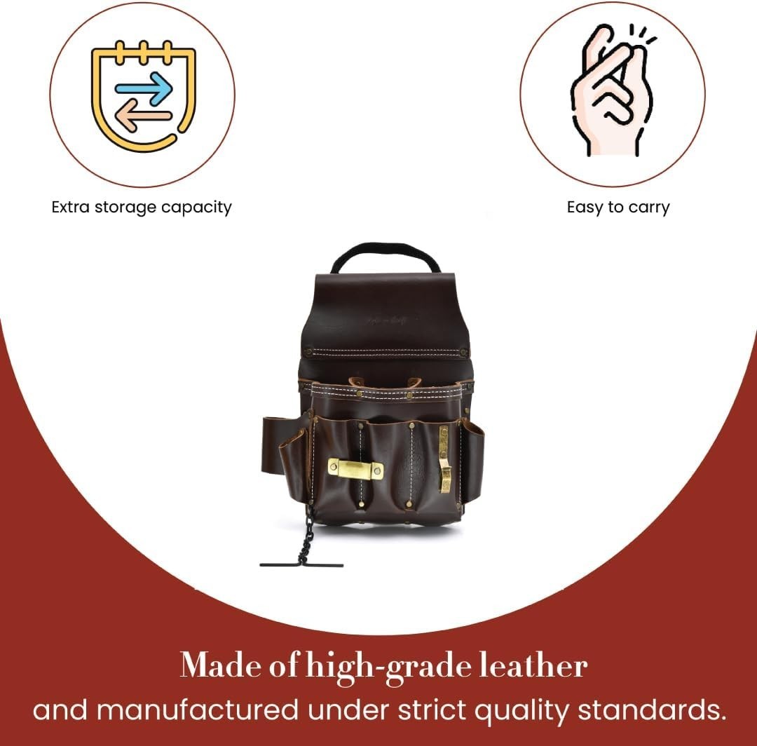 Durable Full-Grain Leather Tool Pouch with 10 Pockets for Electricians, Dark Tan