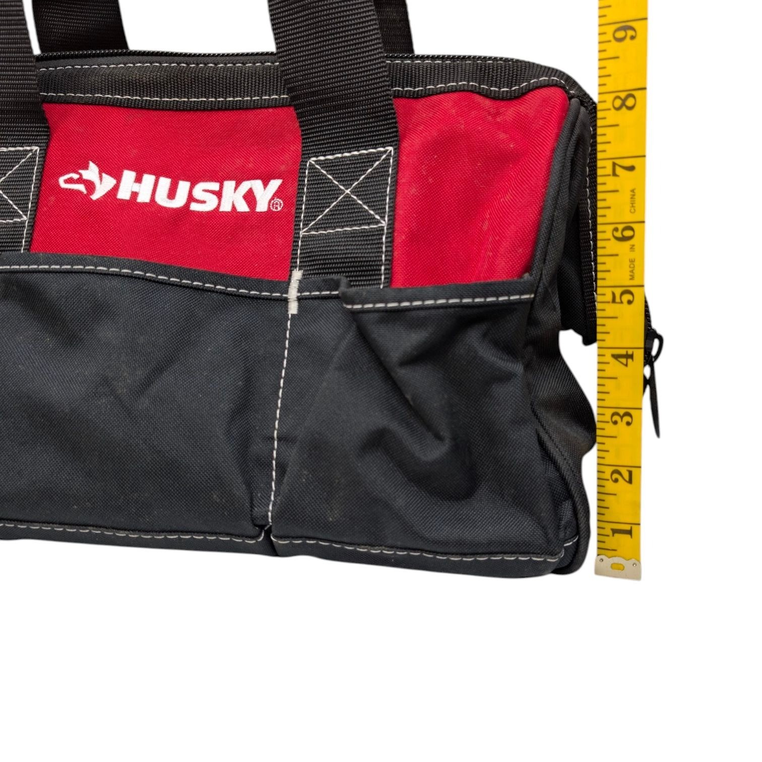 Husky Zippered Tool Bag Red Black 15 in Wide Mouth Canvas 5 Outer Pockets