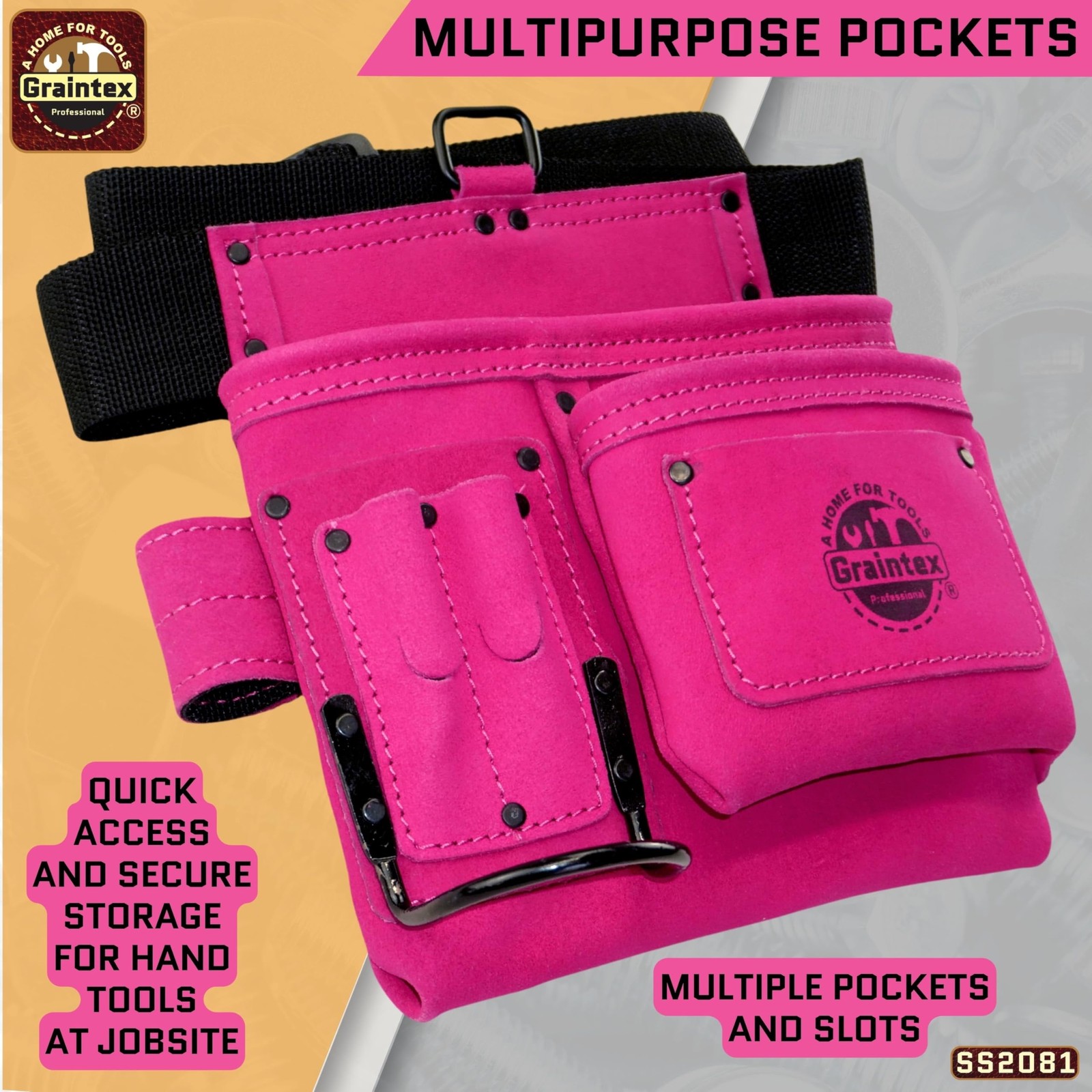 Graintex 5 Pocket Suede Leather Tool Belt/Bag | Pink | Multipurpose Leather T…