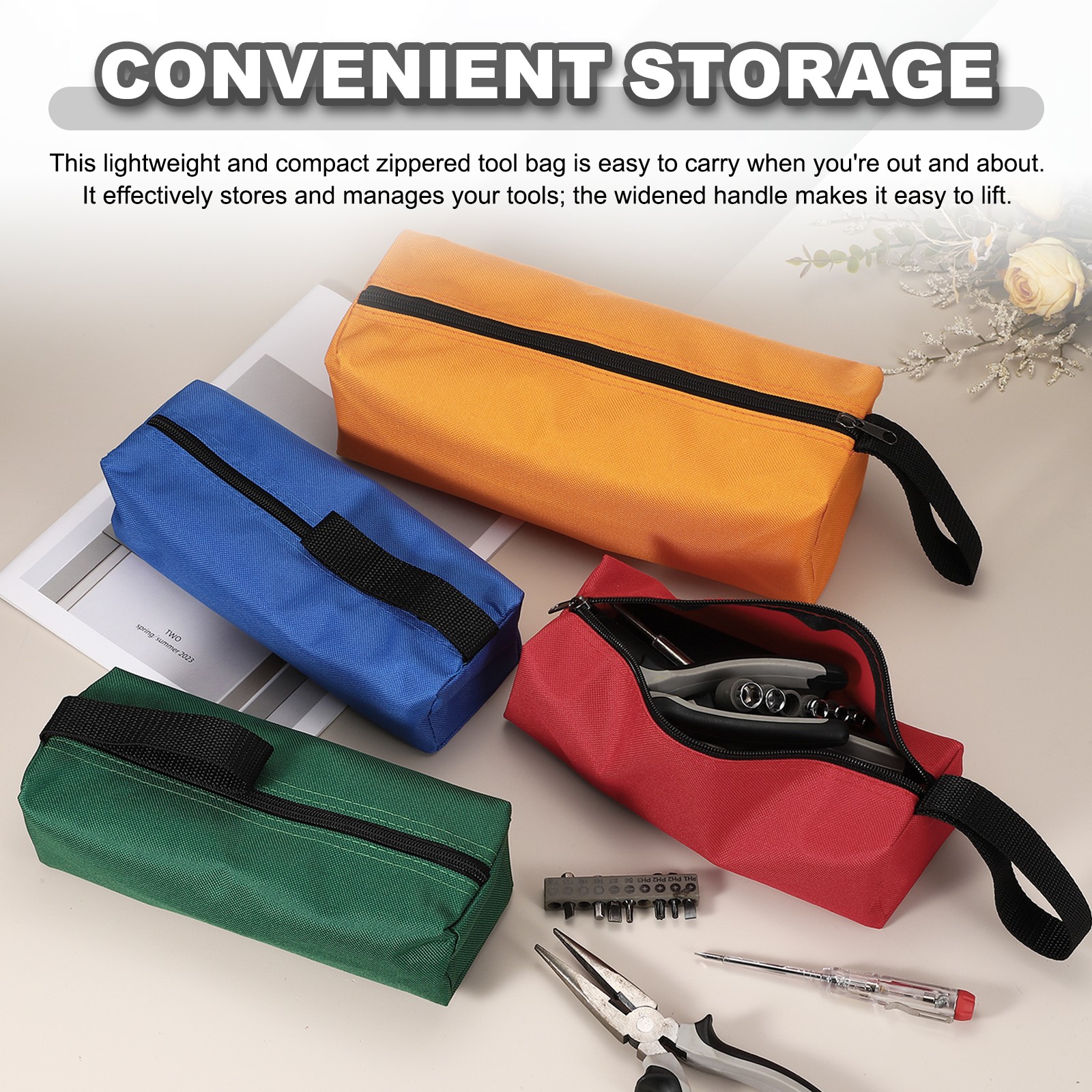 2 Pcs 9.8×3.3×2.8″ Multi Purpose Zipper Canvas Tool Pouch, Black/Red