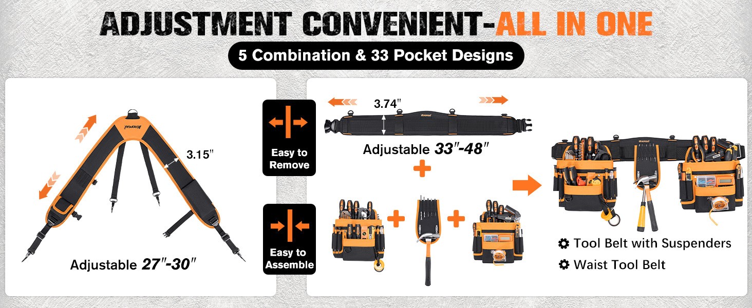 Auropeak 33-Pocket Modular Tool Belt w/ Suspenders (33″-48″ Waist)