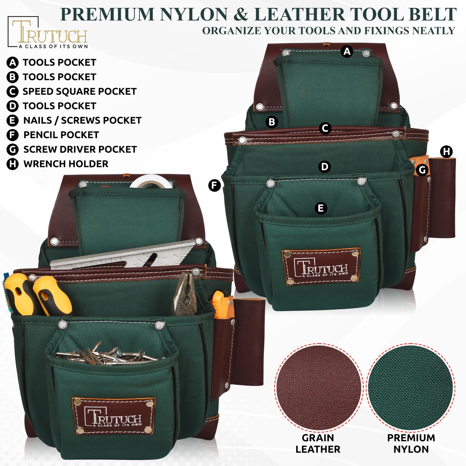 TRUTUCH Nylon and Leather Tool Belt | Framing Tool Bags | Nylon Tool Pouch