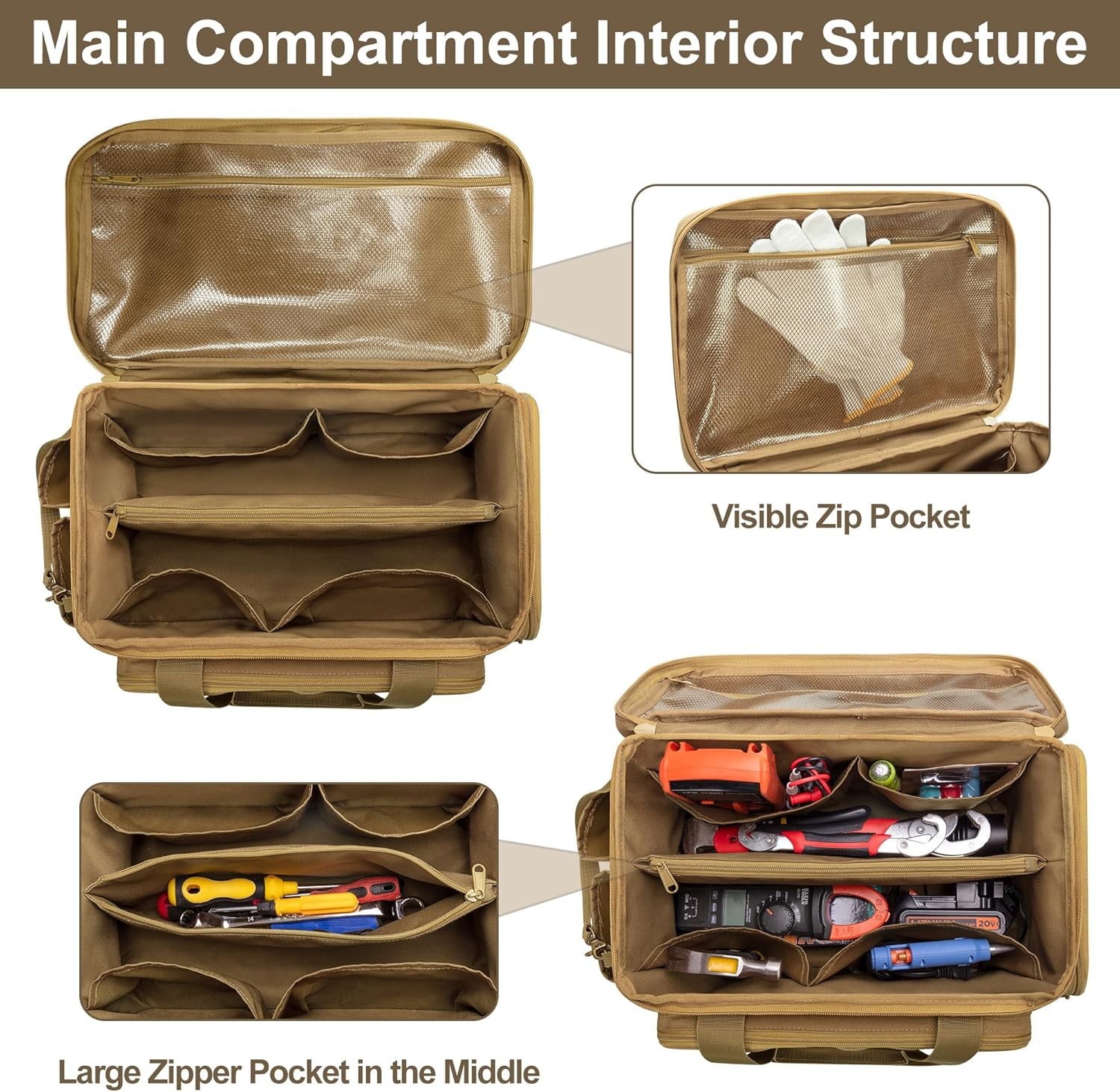 14 Inch Heavy Duty Canvas Tool Bag Organizer Reinforced Bottom Multiple Pockets