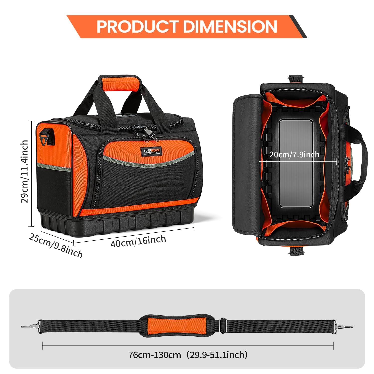 Black Orange Tool Bag Large Organizer 15.7×11.4×9.8 Inch Heavy Duty 600D Fabric