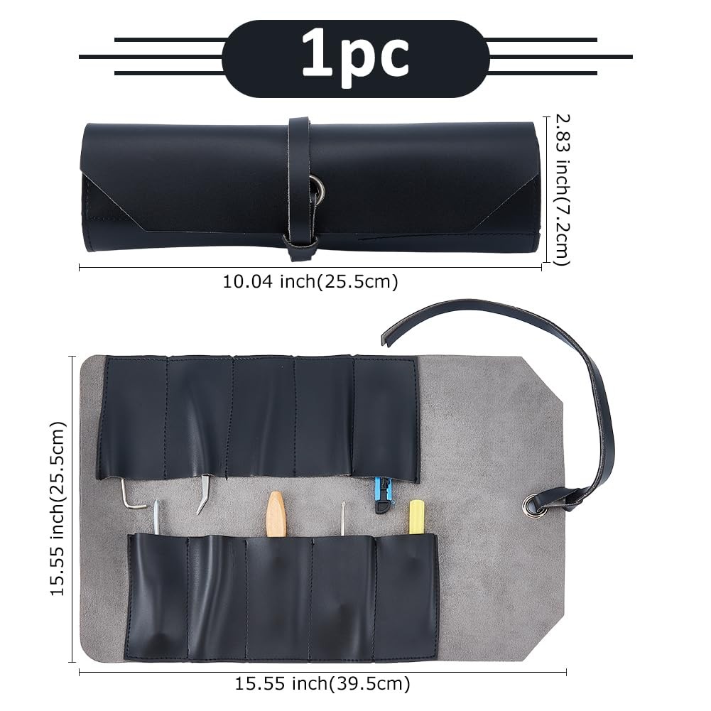Leather Tool Roll Up Pouch 25.5cm Black Hand Tools Pouch Multi-Purpose Small …