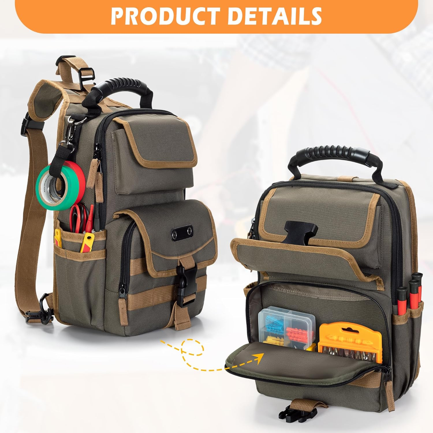 Electrician Tool Pouch Bag, Zippered HVAC Tool Organizer with Ergonomic Handle a