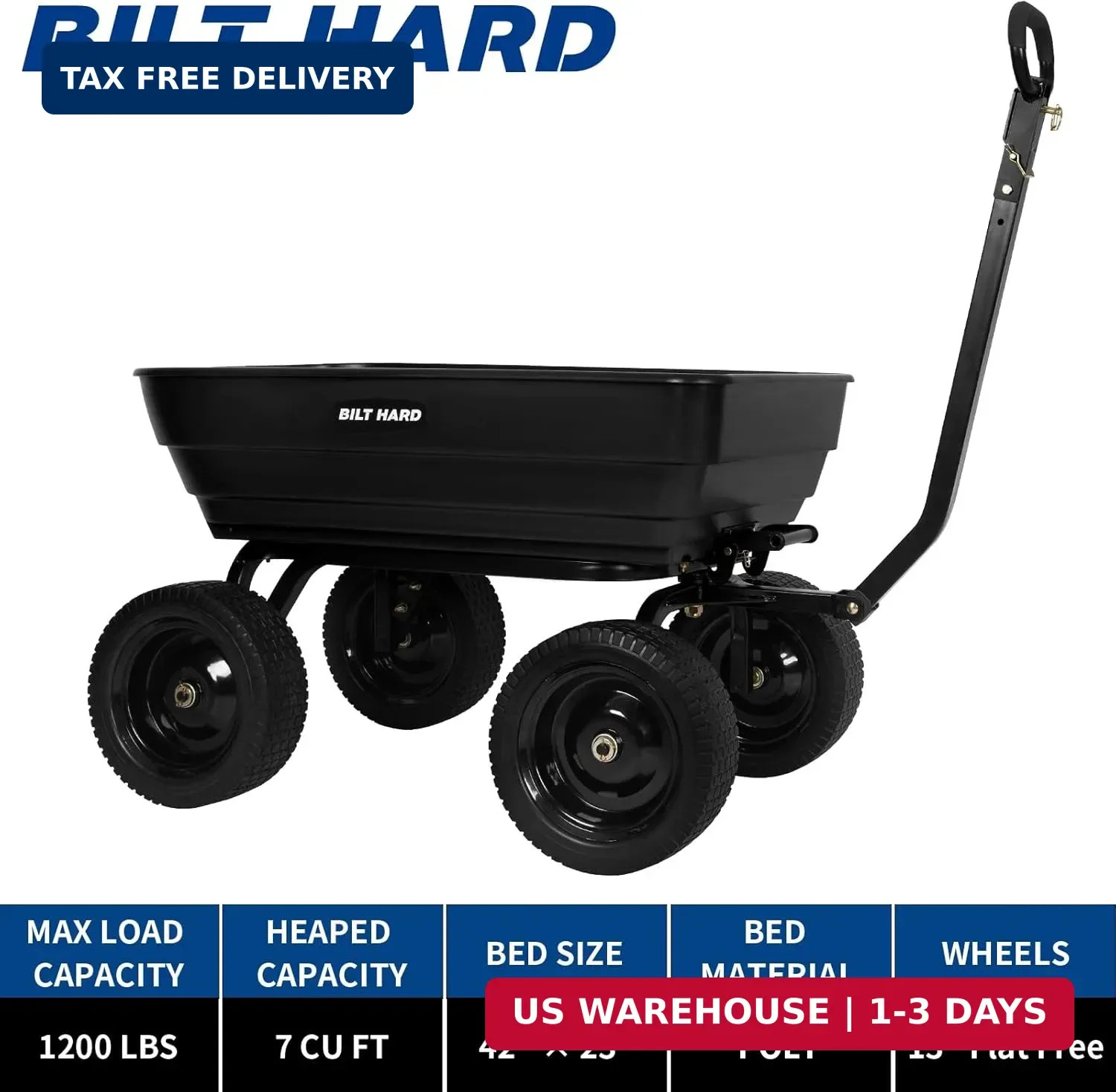 BILT HARD Poly Garden Dump Cart 1200 lbs with No Flat Tires, Quick Release, 2-in