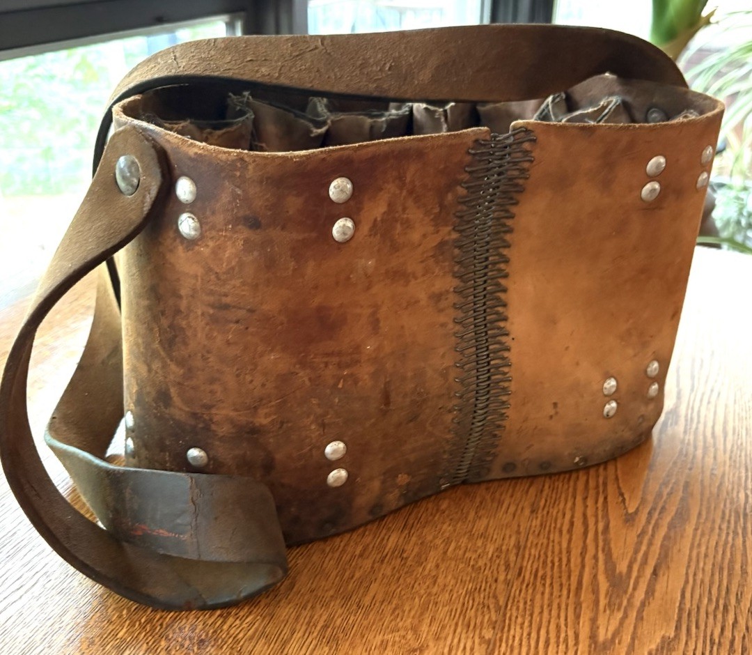 Early 20th century industrial riveted & stitched mechanic Leather Wood tool bag