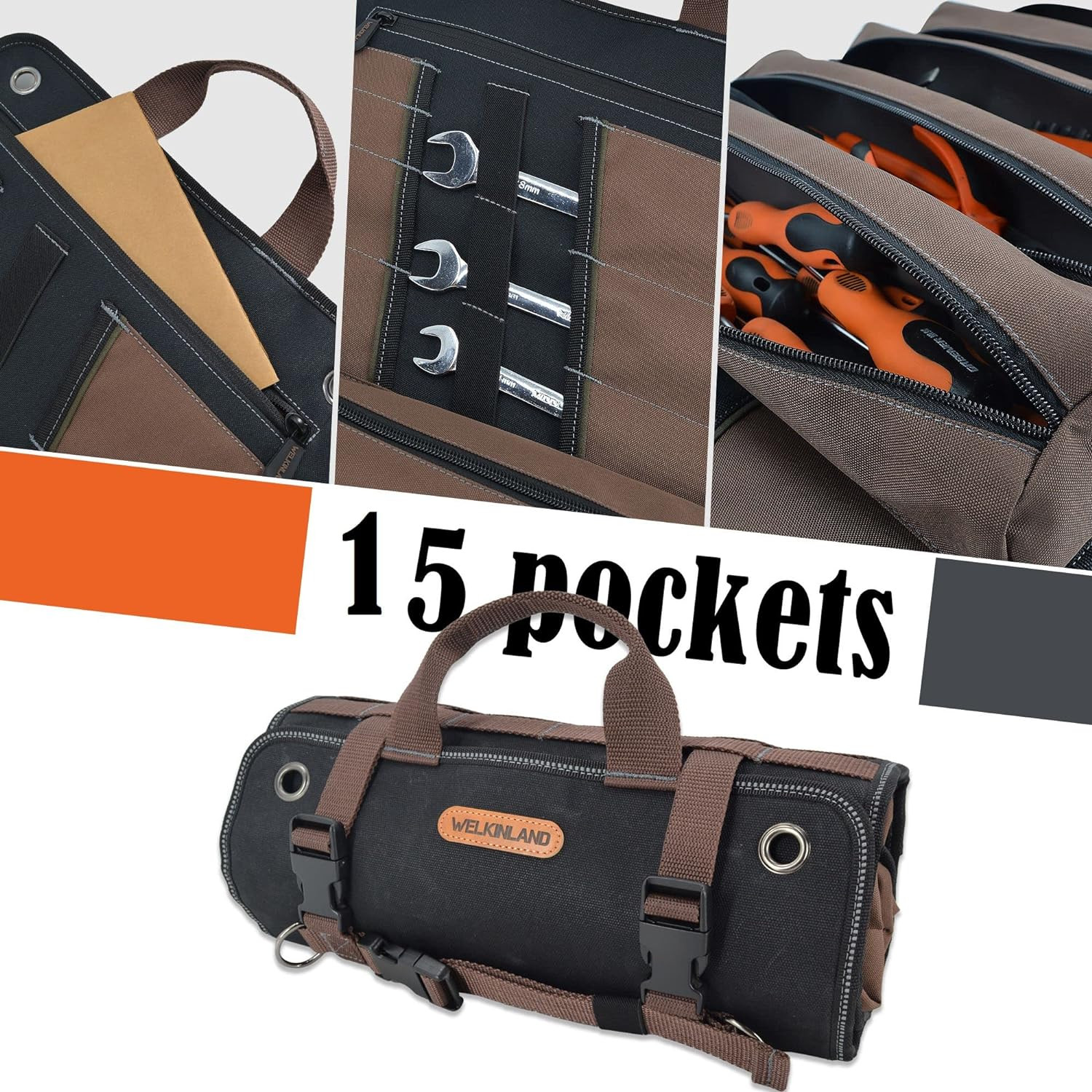Heavy-Duty Waxed Canvas Tool Roll, 15-Pockets Tool Wrap Roll, 15L Tool up Roll B