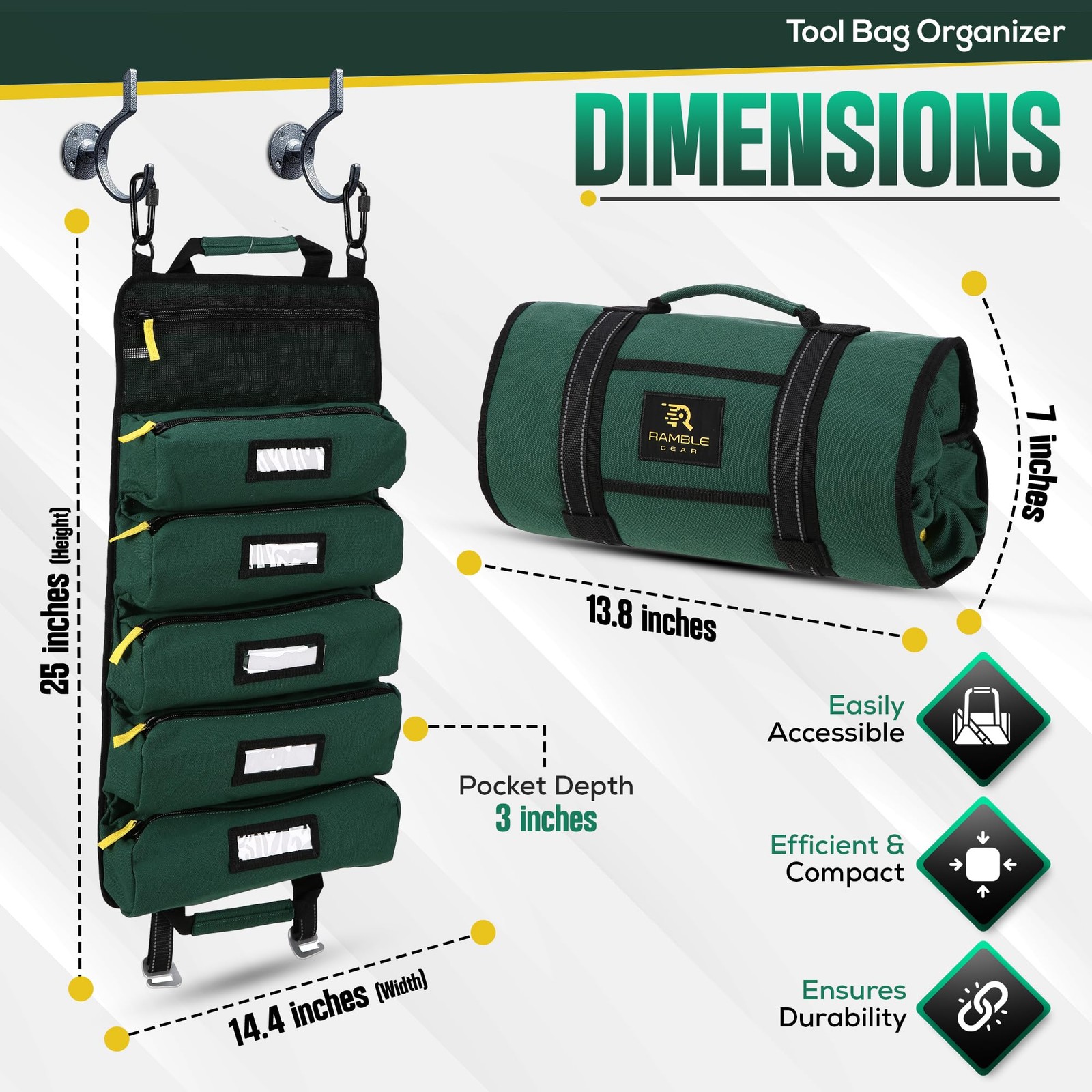 Ramble Gear Roll Up Tool Bag 10 inches x 2 x 20 inches, Green