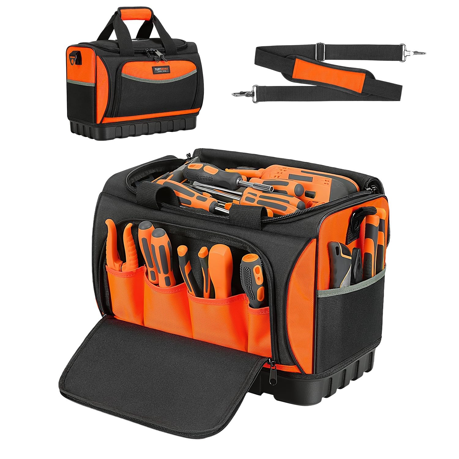 Black Orange Tool Bag Large Organizer 15.7×11.4×9.8 Inch Heavy Duty 600D Fabric