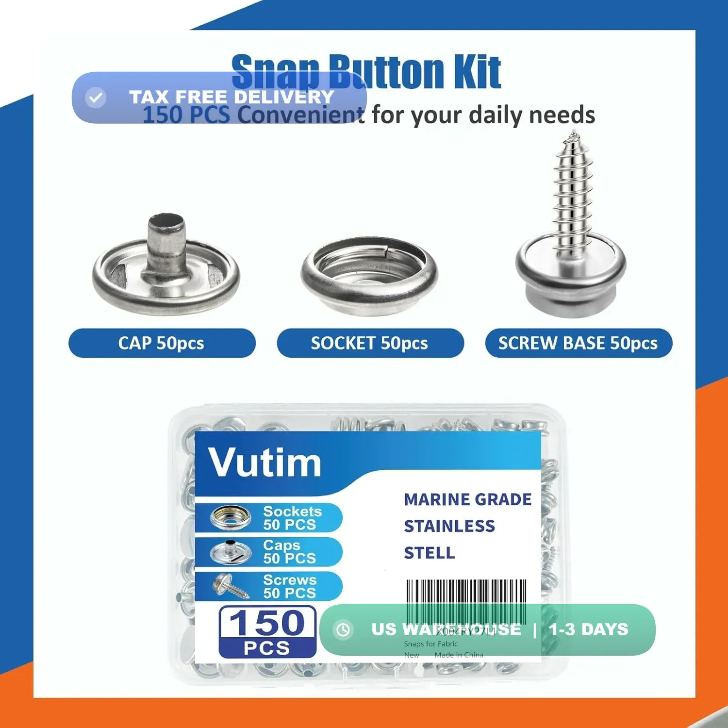 150 PCS Canvas Snap Fastener Tool Set, Vutim Marine-Grade 3/8″ Stainless Steel S