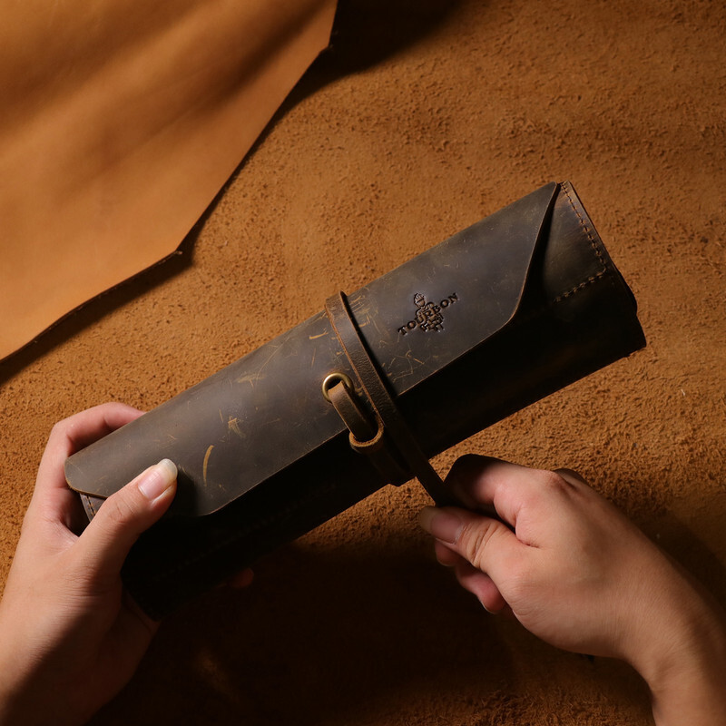 TOURBON Vintage Leather Roll Craft Tool Organizer Workshop Knife Carrier Bag