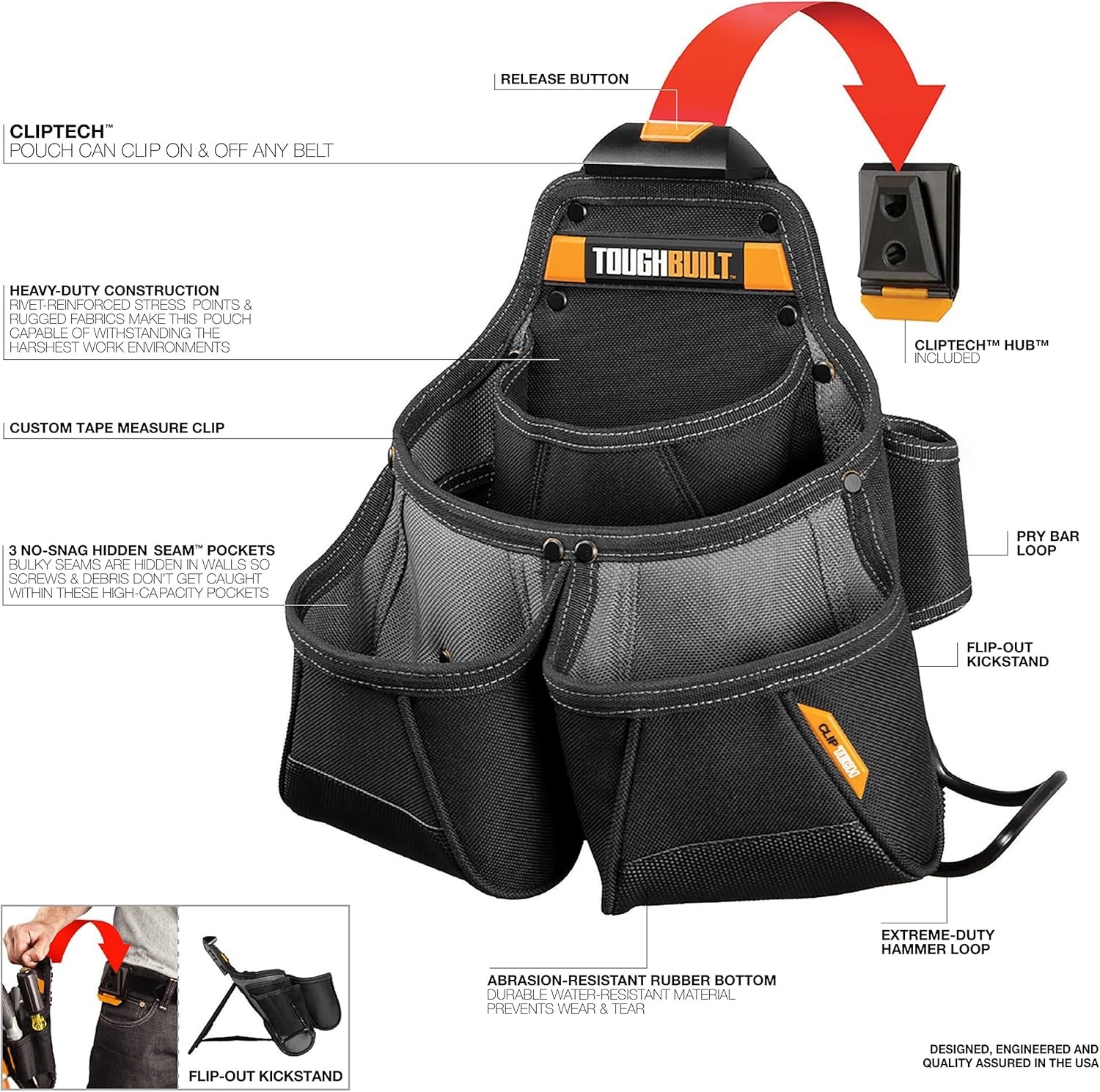ClipTech Framer Pouch Heavy-Duty Tool Organizer 10 Pockets Reinforced Kickstand