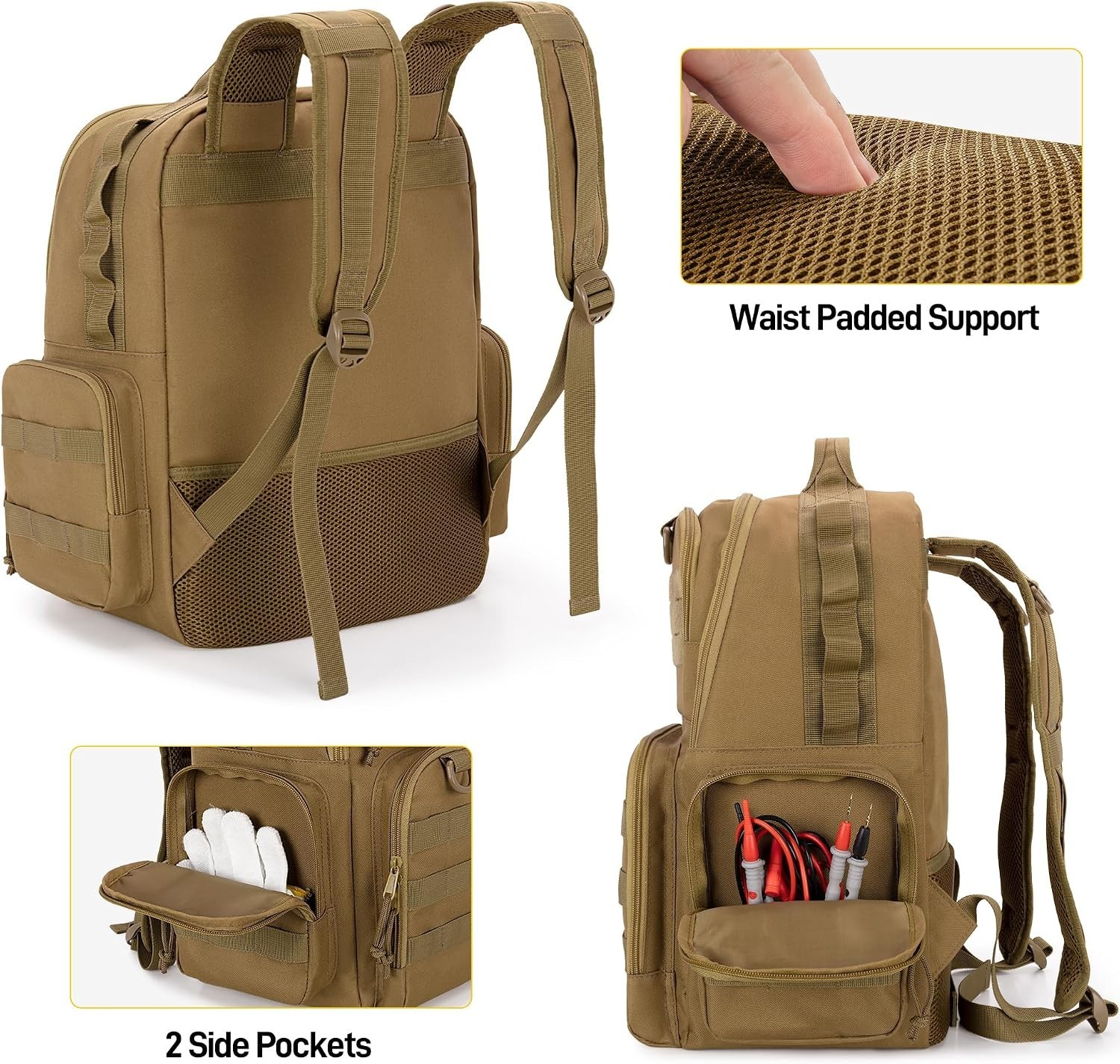 Khaki Heavy-Duty Tool Backpack with 3 Pouches for Electrician Repairmen
