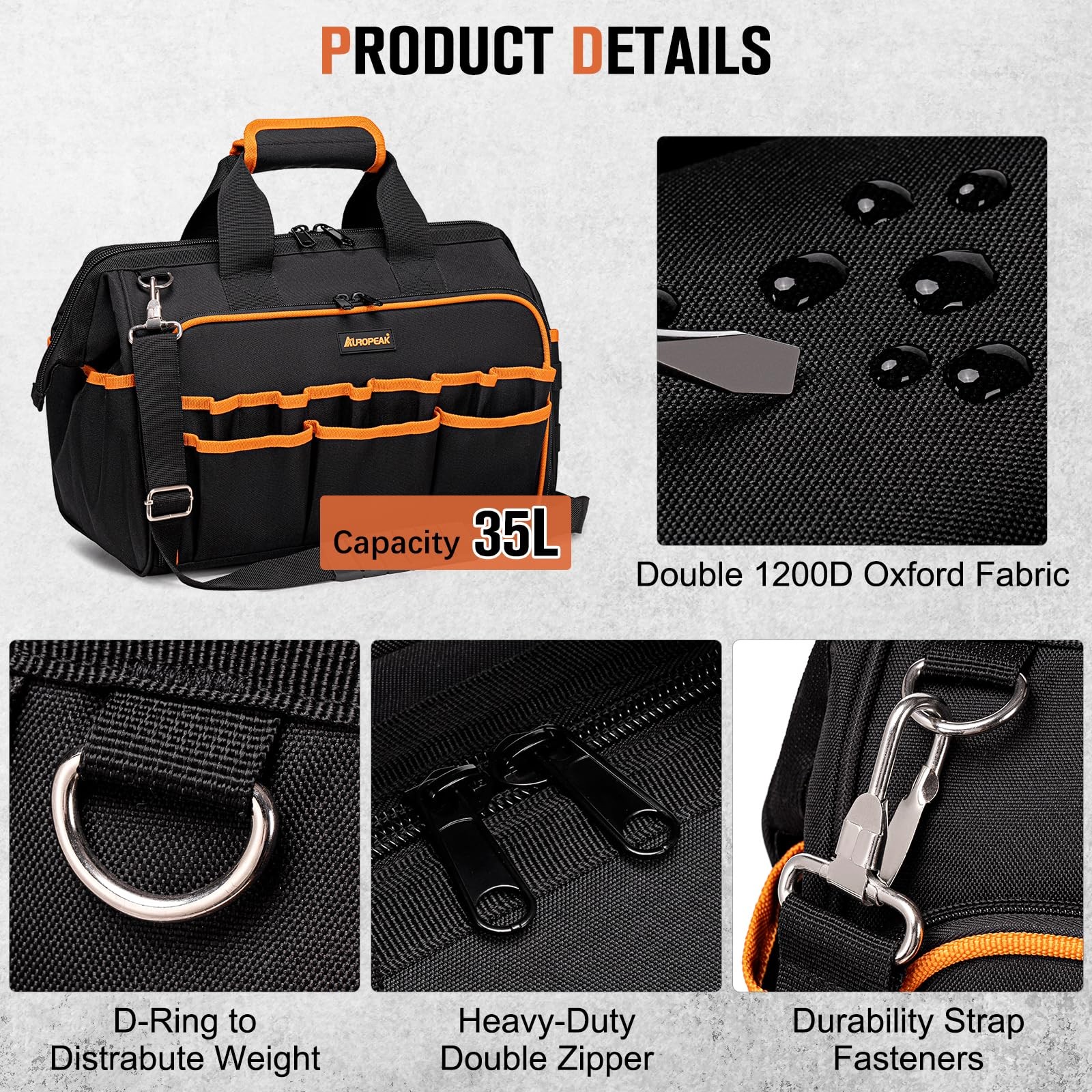 17-Inch Electrician Tool Bags for Men, 46-Pocket 17″x9.8″x12.6″, Black-orange