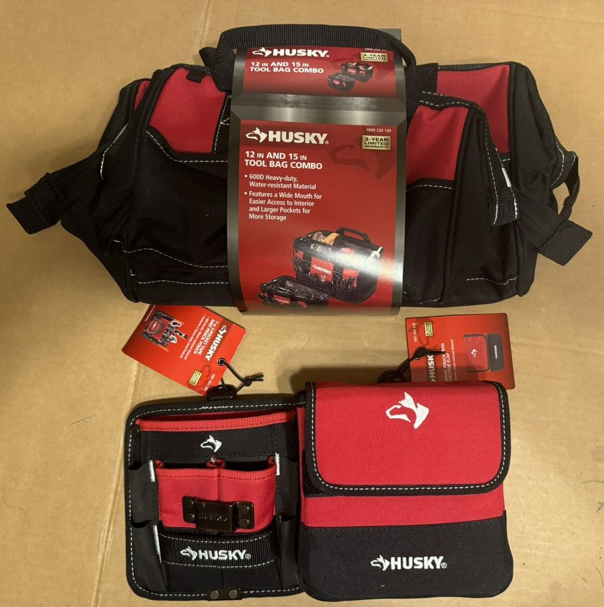 Husky 12 In. and 15 In. Tool Bag Combo NEW + 2 Bonus Tool Pouches