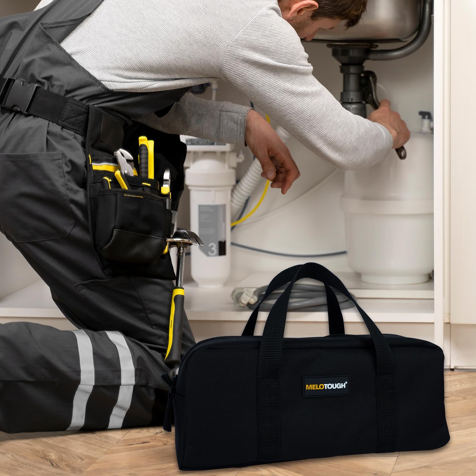 14 Inch Tool Tote Organizer Bag Set 2 Pack Electrician Plumbing HVAC Black Grey