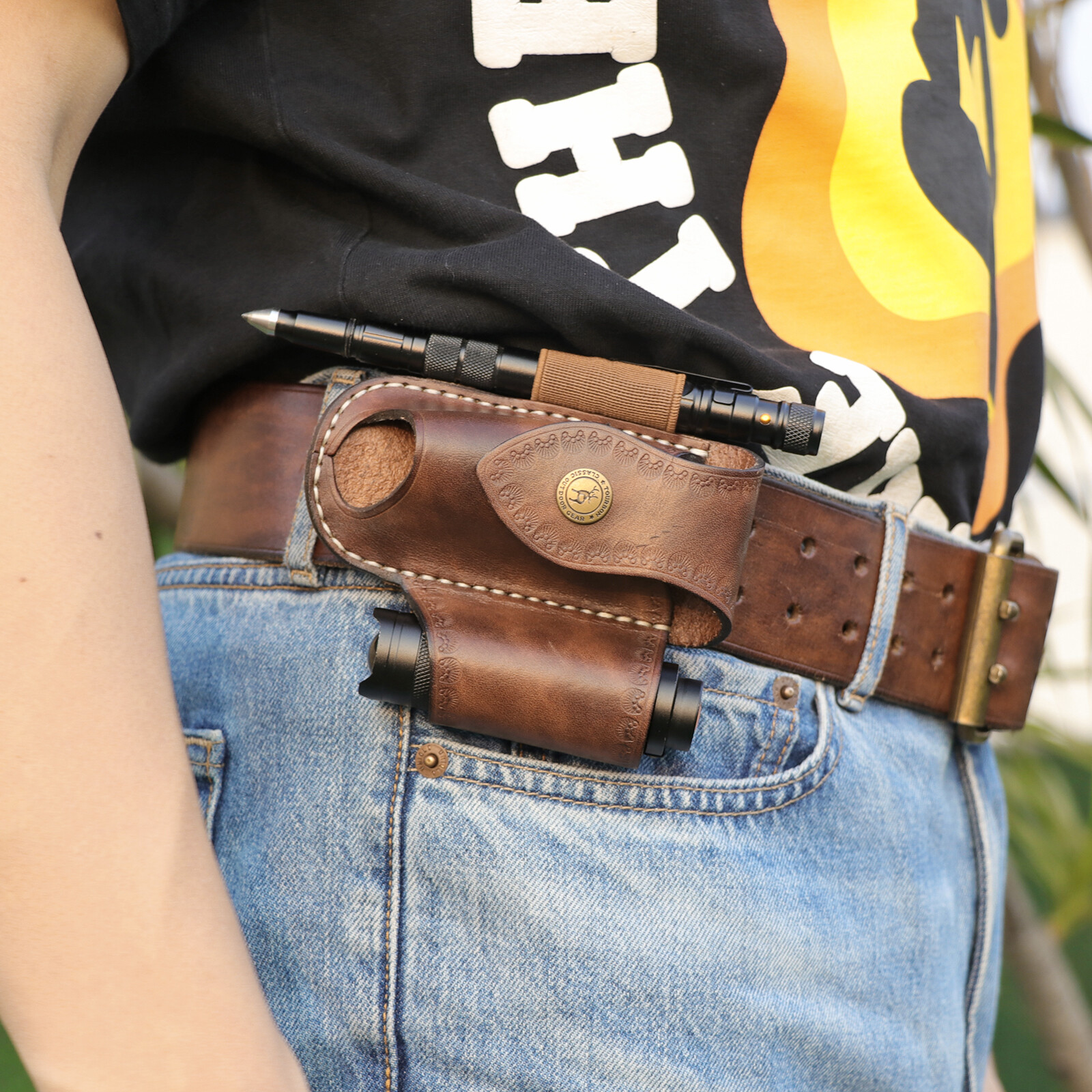 TOURBON Leather Folding Knife Sheath Belt Holster Pouch Multitools EDC Hold Case
