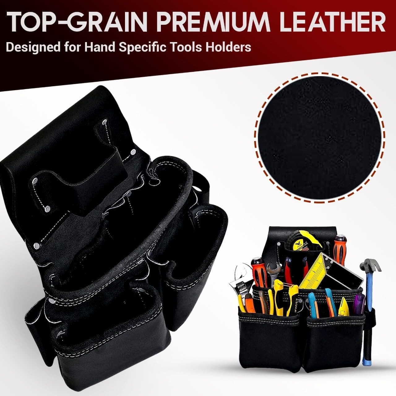 Full Grain Leather Carpenter Tool Belt Pouch with Suspender & Hammer Holder – Du