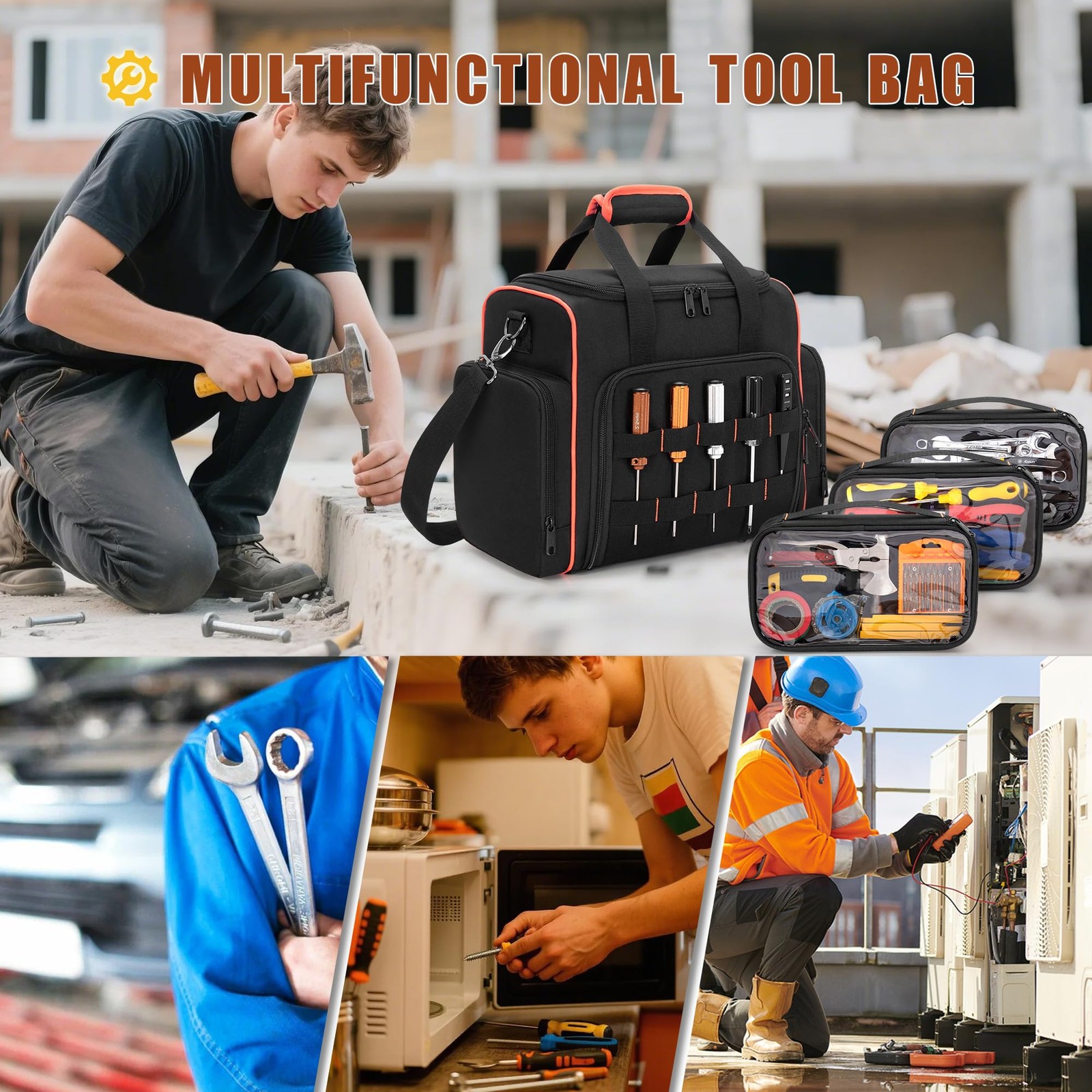 Marscamd Tool Bag with 3 11.5 x 6.5 x 11 inches, Black Red Binding