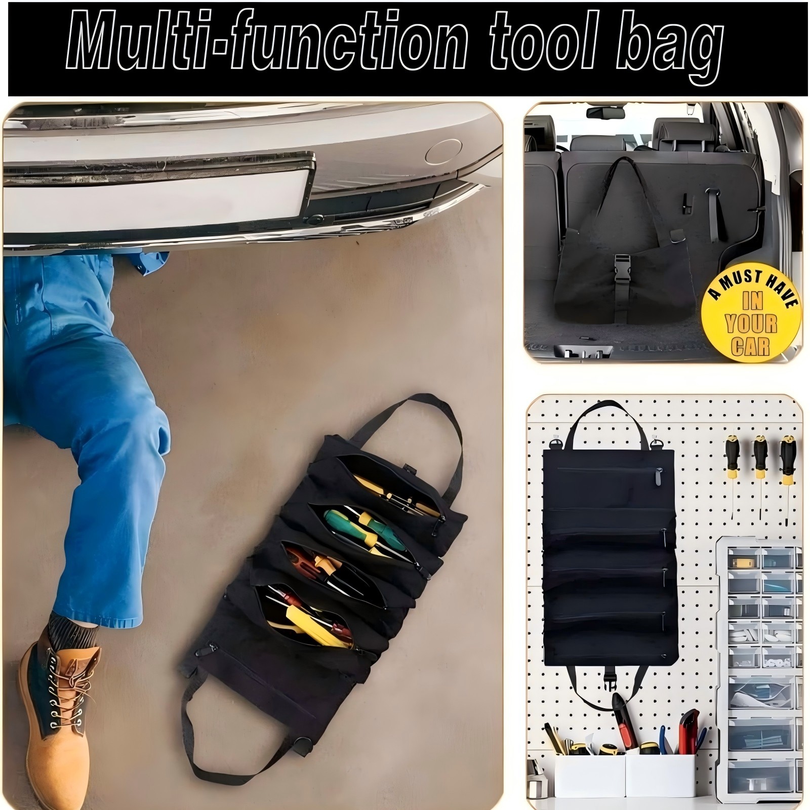 Multi-Purpose Tool Roll Up Bag 5 Pocket Wrench Pouch Canvas Hanging Organizer US