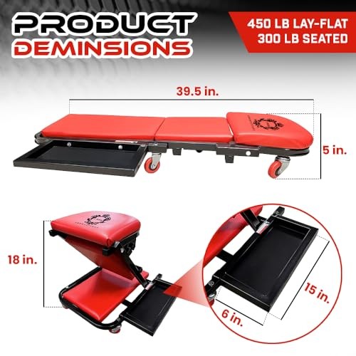 40″ Mechanics Creeper Z fold with Side Tool Tray, 3 in 1 Low Profile,7pc-2.5″