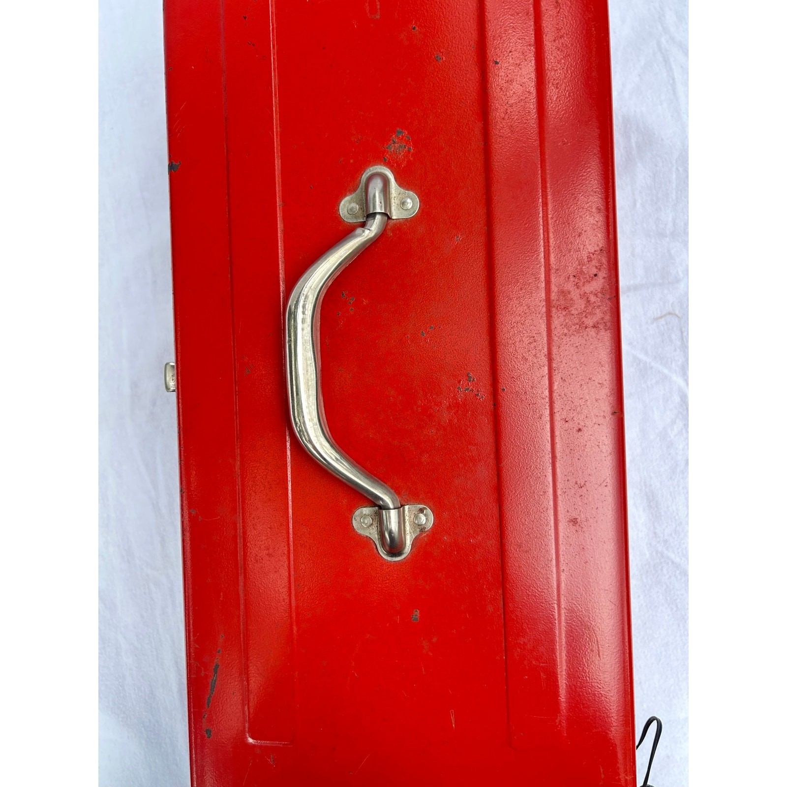 Vintage metal cherry red toolbox with pull out drawer