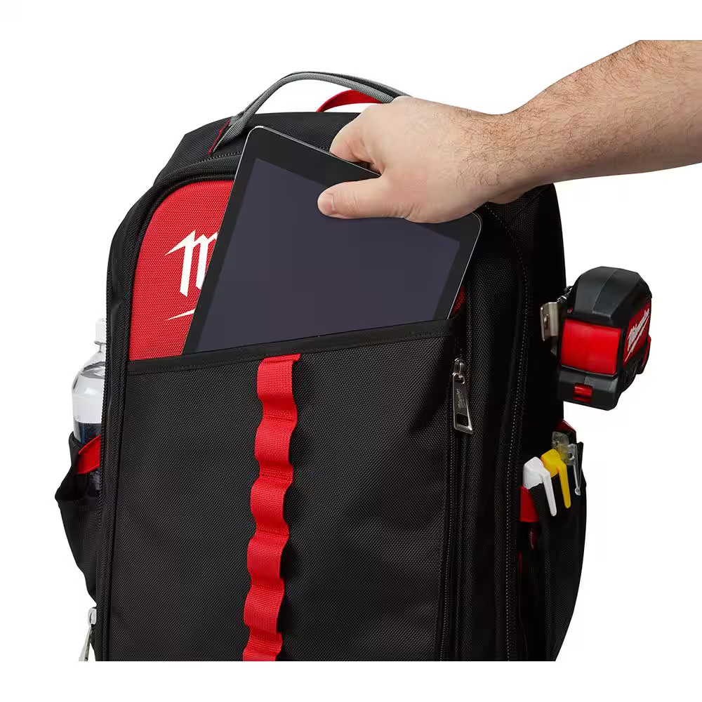 Milwaukee Low-Profile Backpack 14″ 22 Pockets w/ (3-Pack) 12″ Zipper Tool Bags