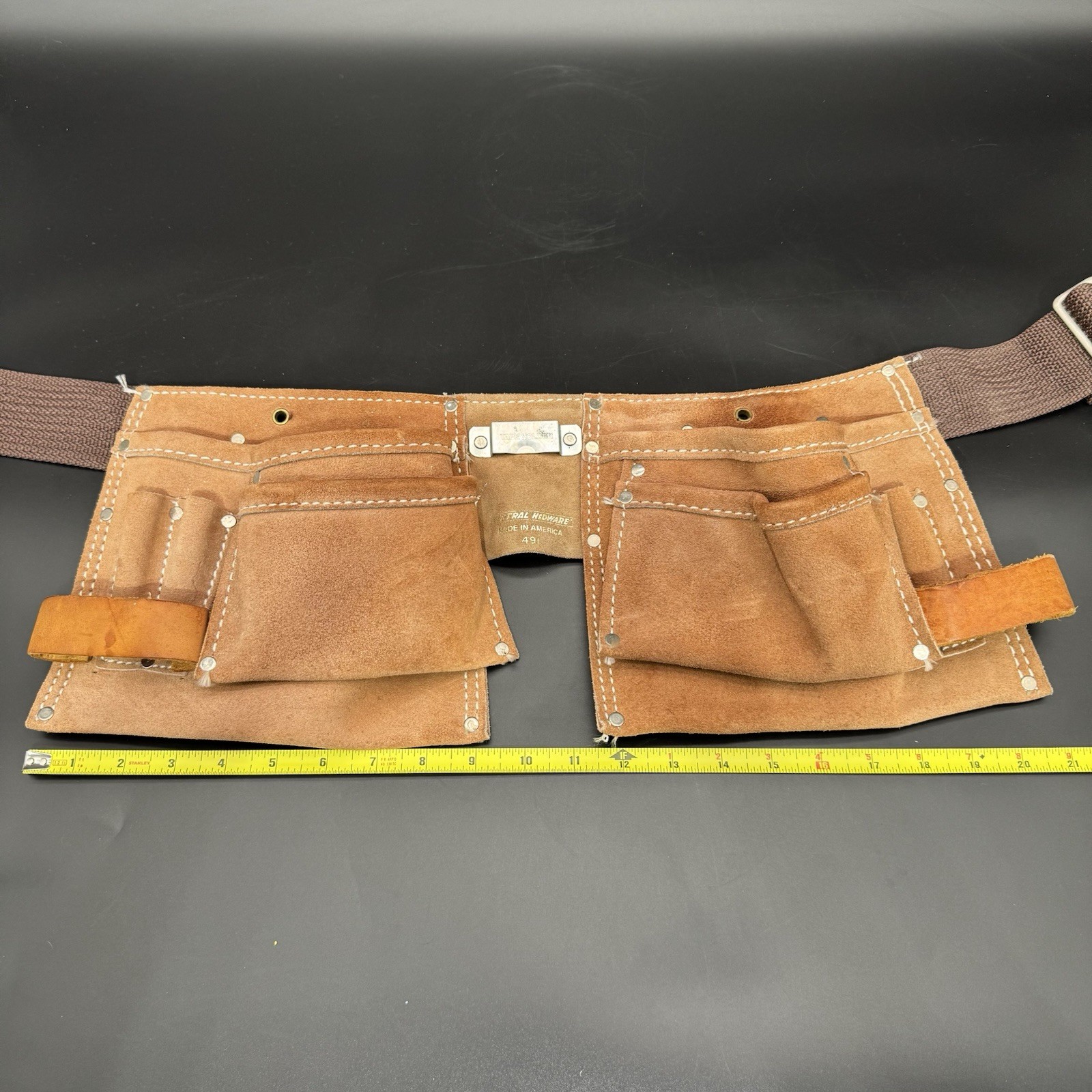 Multi Pocket Leather Tool Belt Locking Adjustable Waist Belt Central Hardware