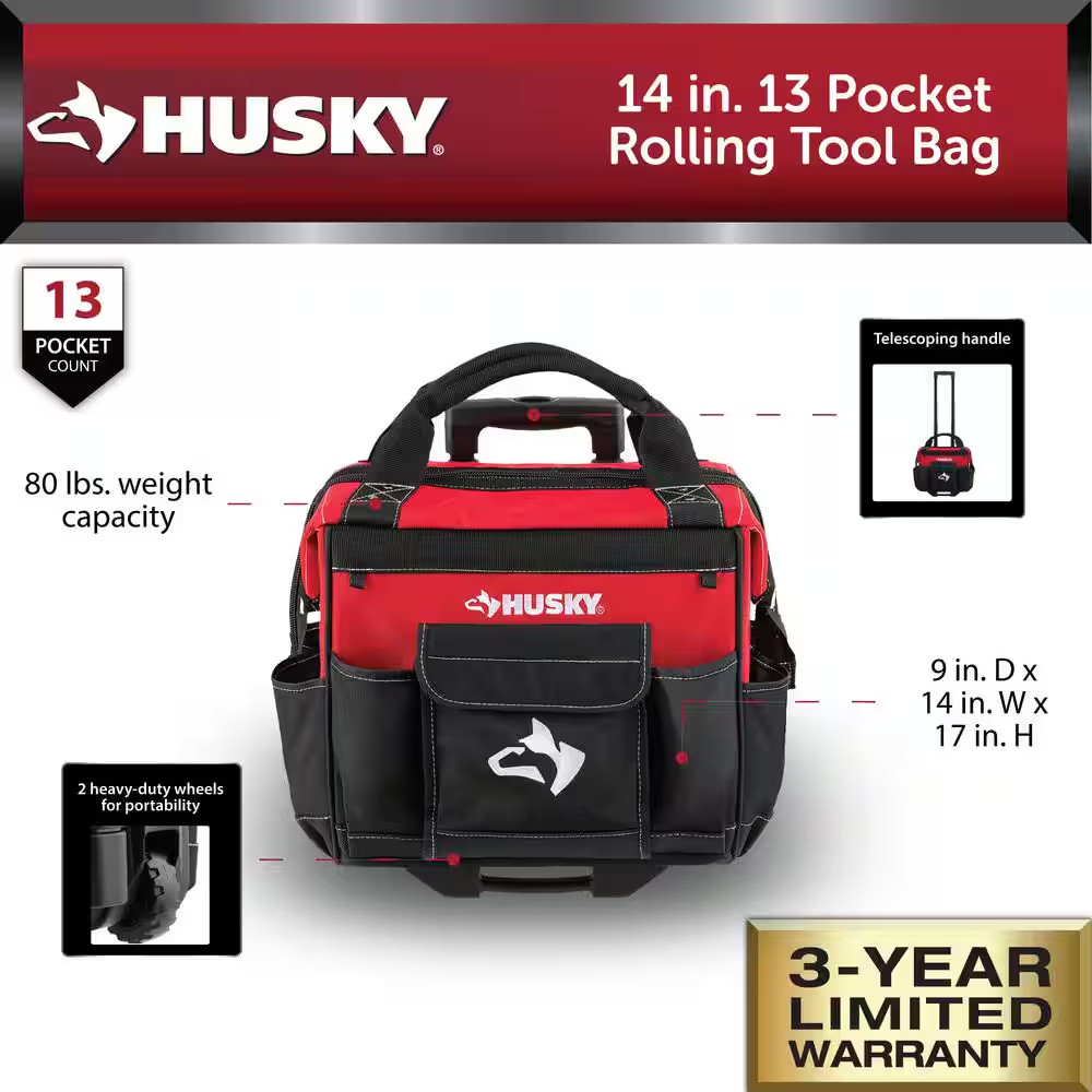 Husky 14 In. 13 Pocket Rolling Tool Bag