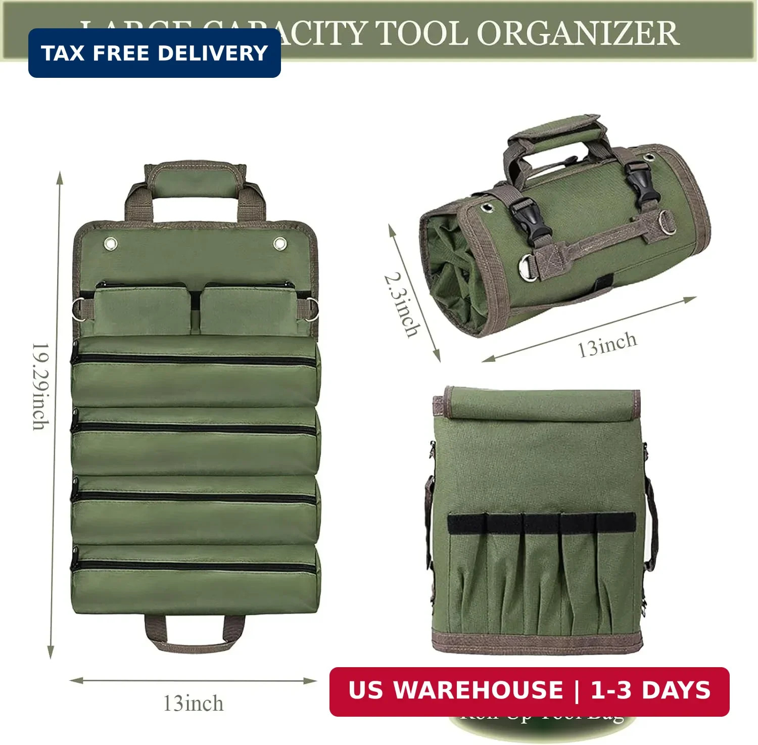Roll Up Tool Bag, Portable Folding Tool Roll with Detachable Pouch, Heavy Duty M