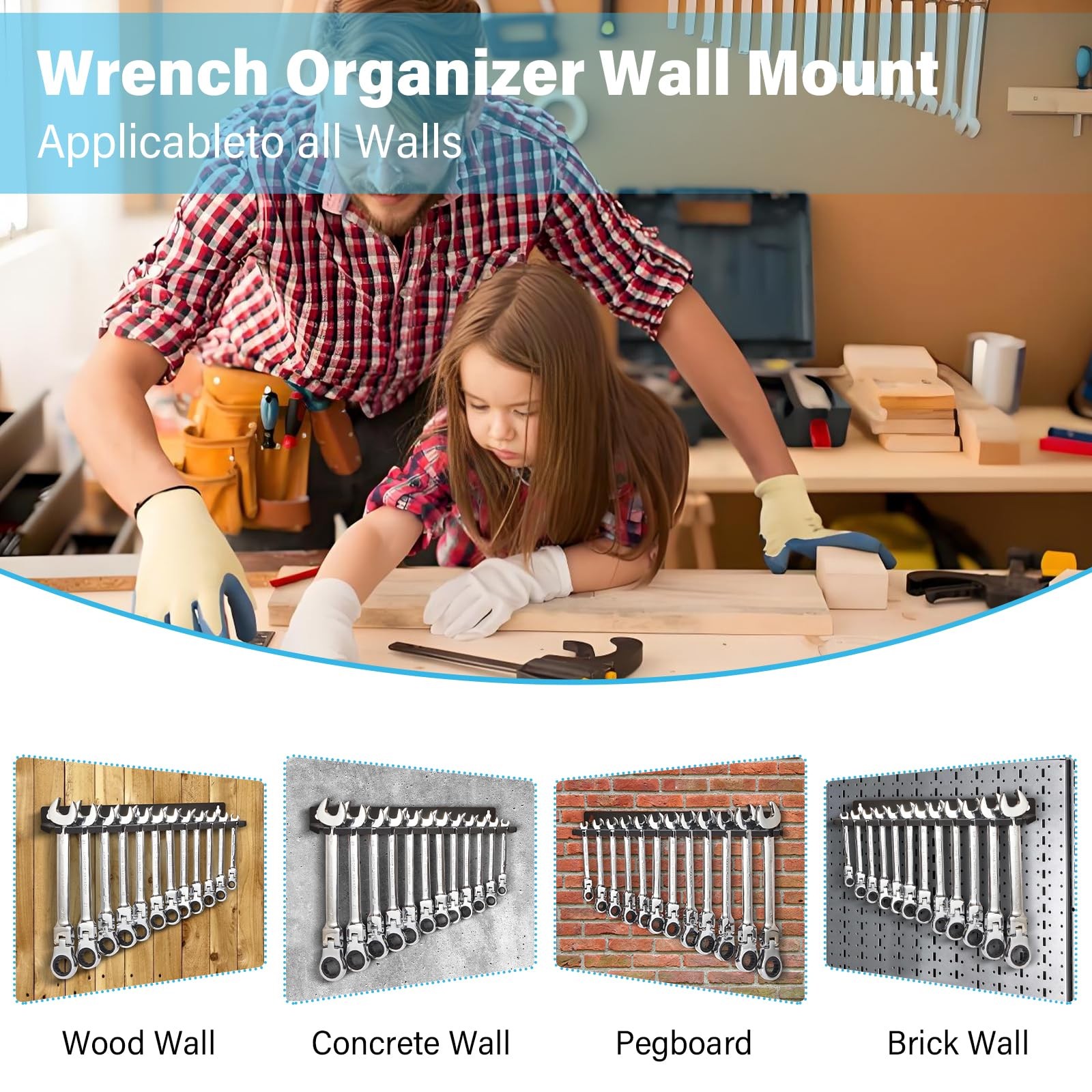 Wall Mount Wrench Organizer Hanging Holder Fits 12 Wrenches 9 Other Slots