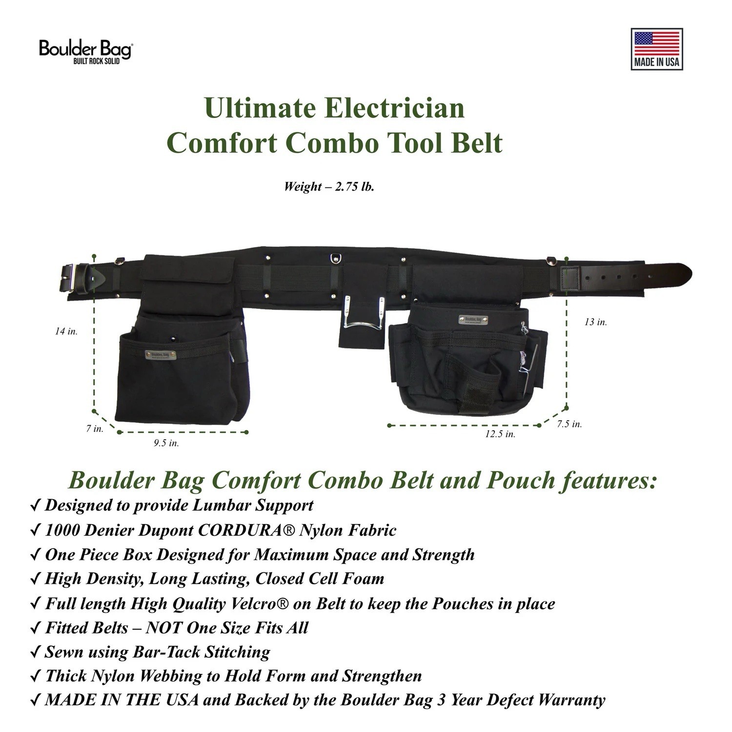 Boulder Bag Ultimate Electrician Comfort Combo Tool Belt w/ Metal Buckle Medium