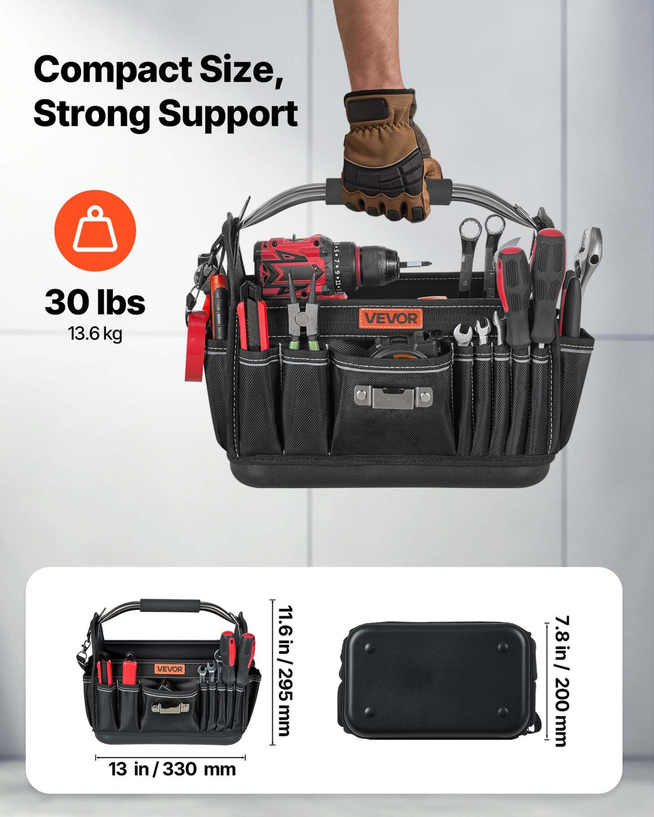 13″ Tool Bag 33-Pocket Open Top Tool Tote Organizer w/ Shoulder Strap