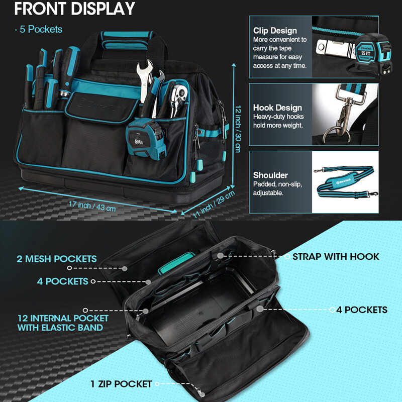 DURATECH 17-in Wide Mouth Tool Bag Large Storage 32 Pocket Bag Organizer w/Strap