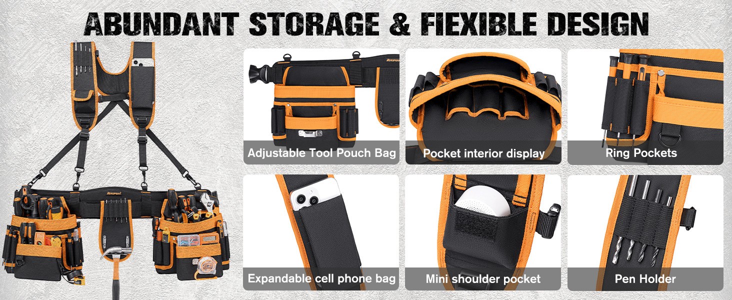 Auropeak 33-Pocket Modular Tool Belt w/ Suspenders (33″-48″ Waist)