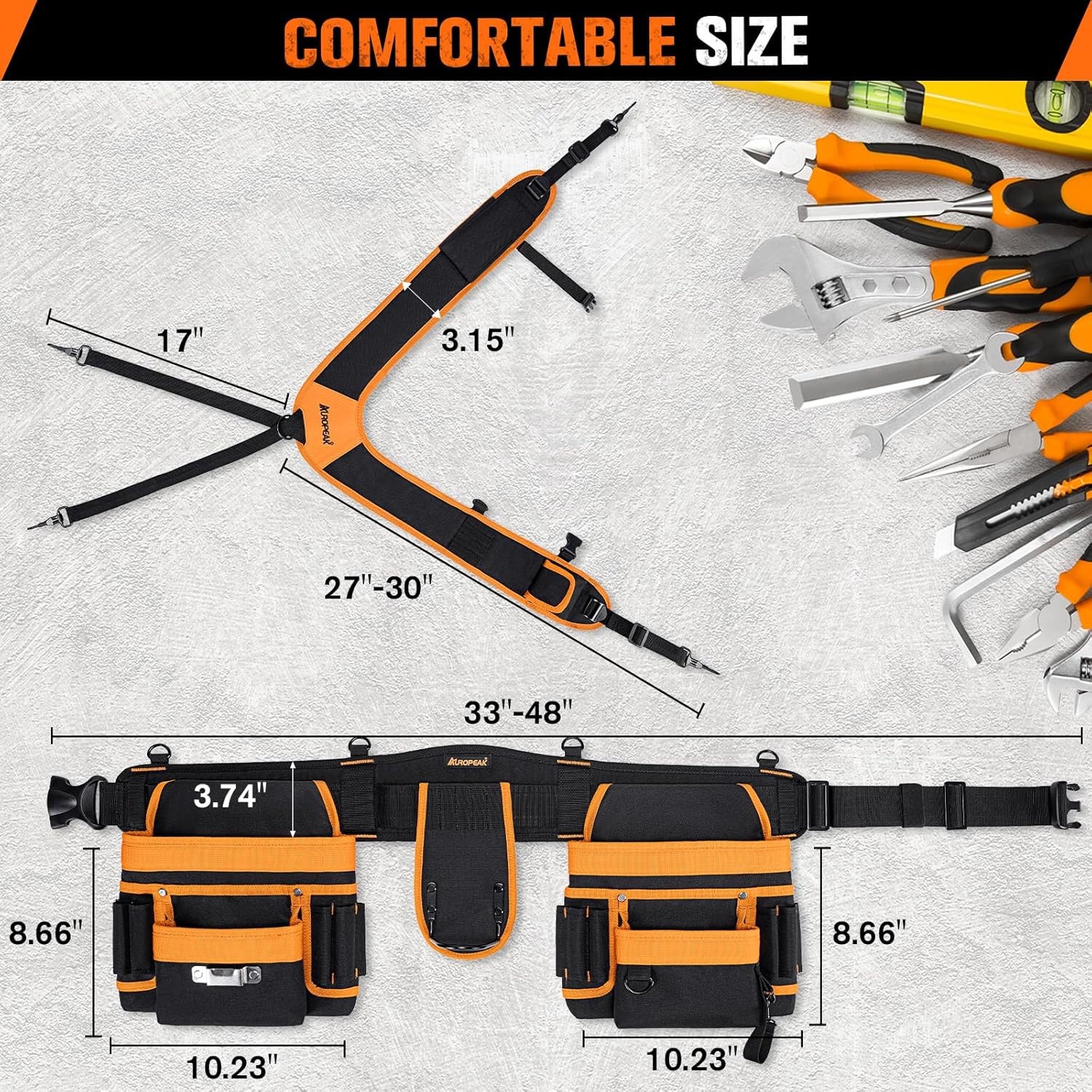 Auropeak 33-Pocket Modular Tool Belt w/ Suspenders (33″-48″ Waist)
